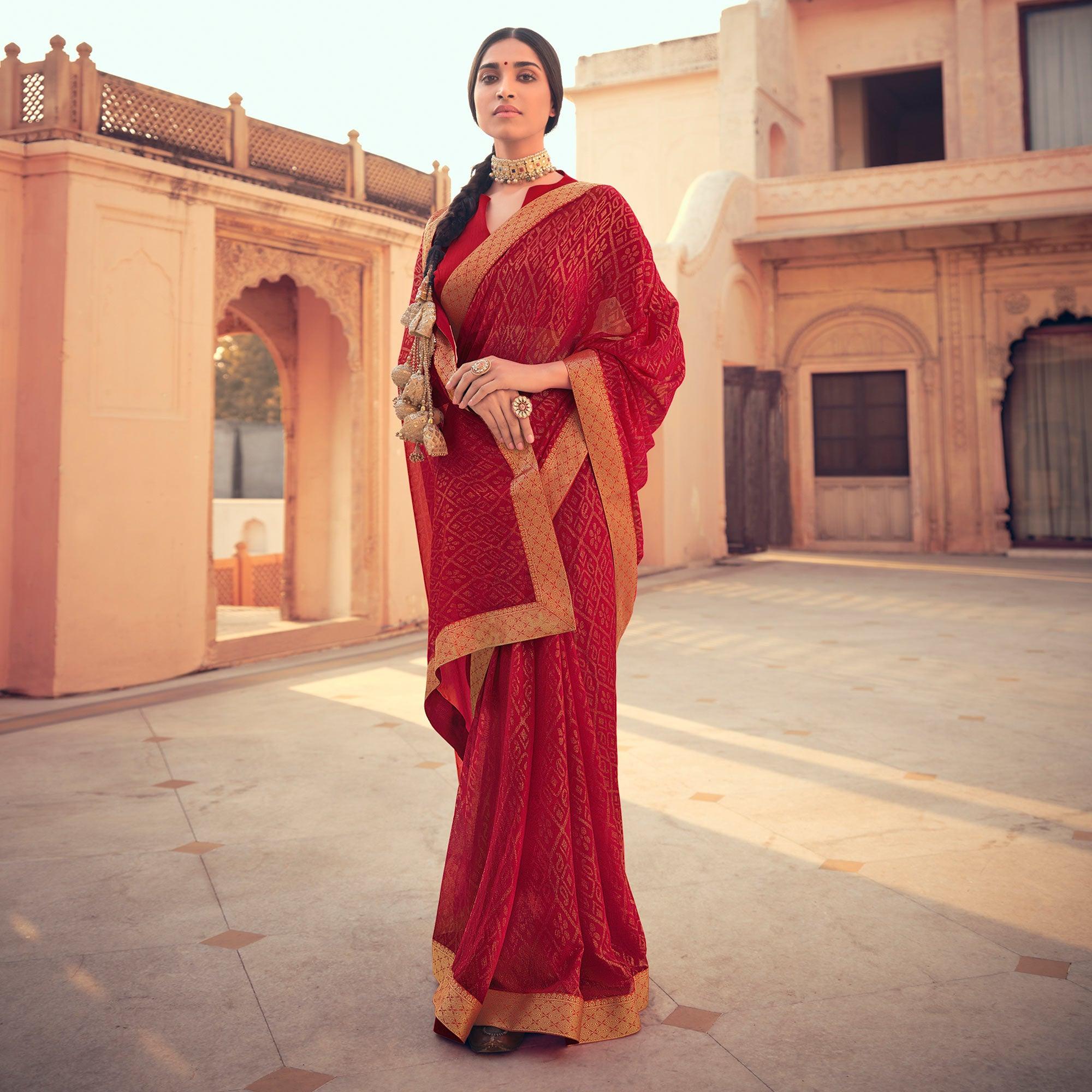 Red Festive Wear Fancy Smoke Printed Georgette Saree Fancy Lace - Peachmode