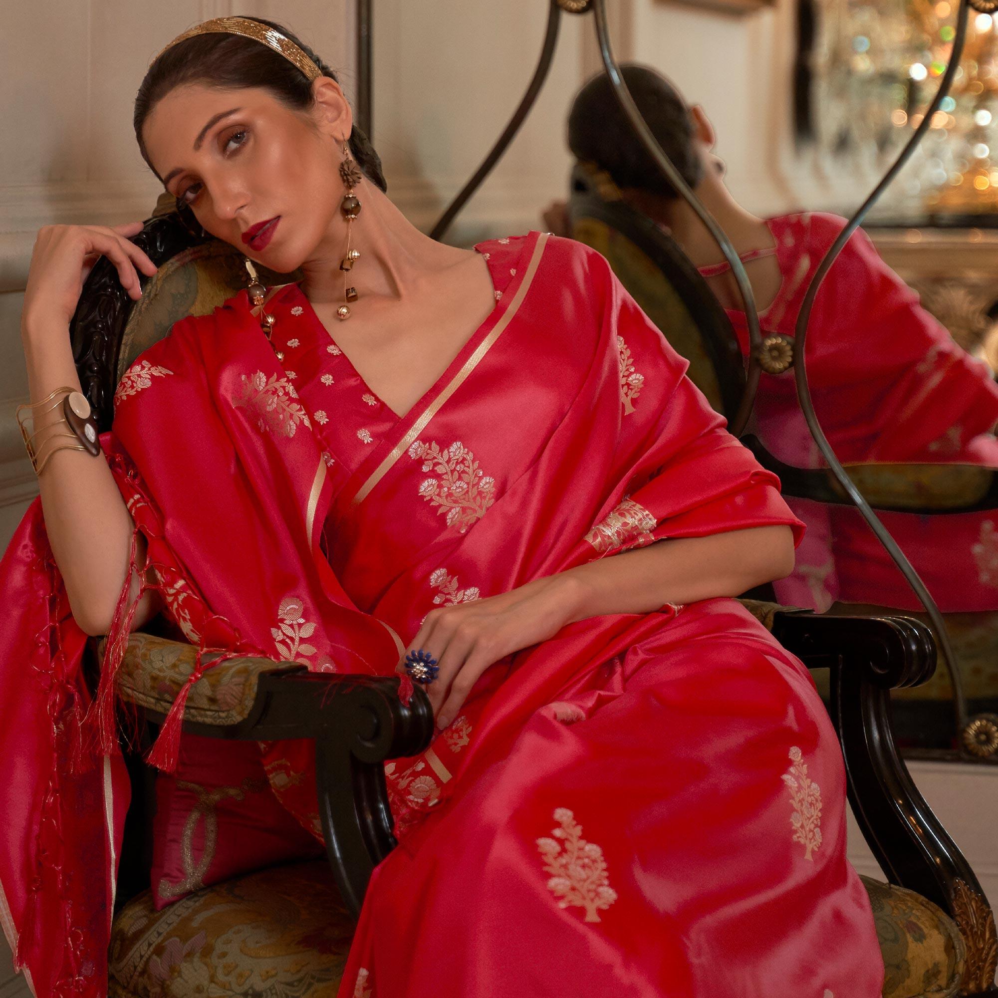 Red Festive Wear Floral Designer Woven Pure Satin Silk Saree - Peachmode