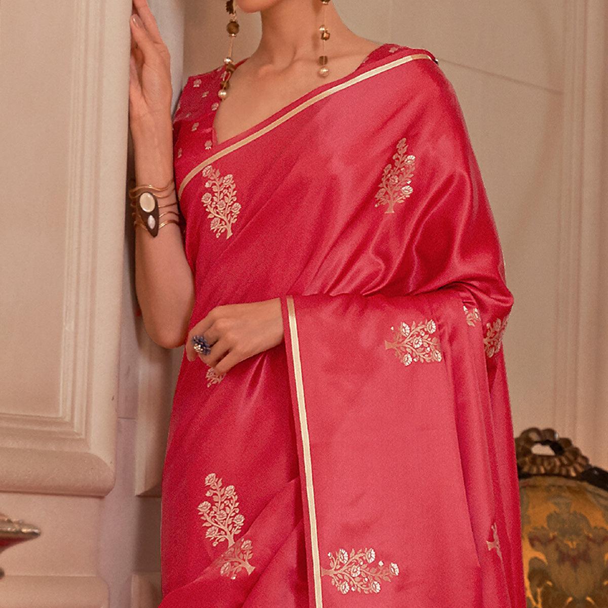Red Festive Wear Floral Designer Woven Pure Satin Silk Saree - Peachmode