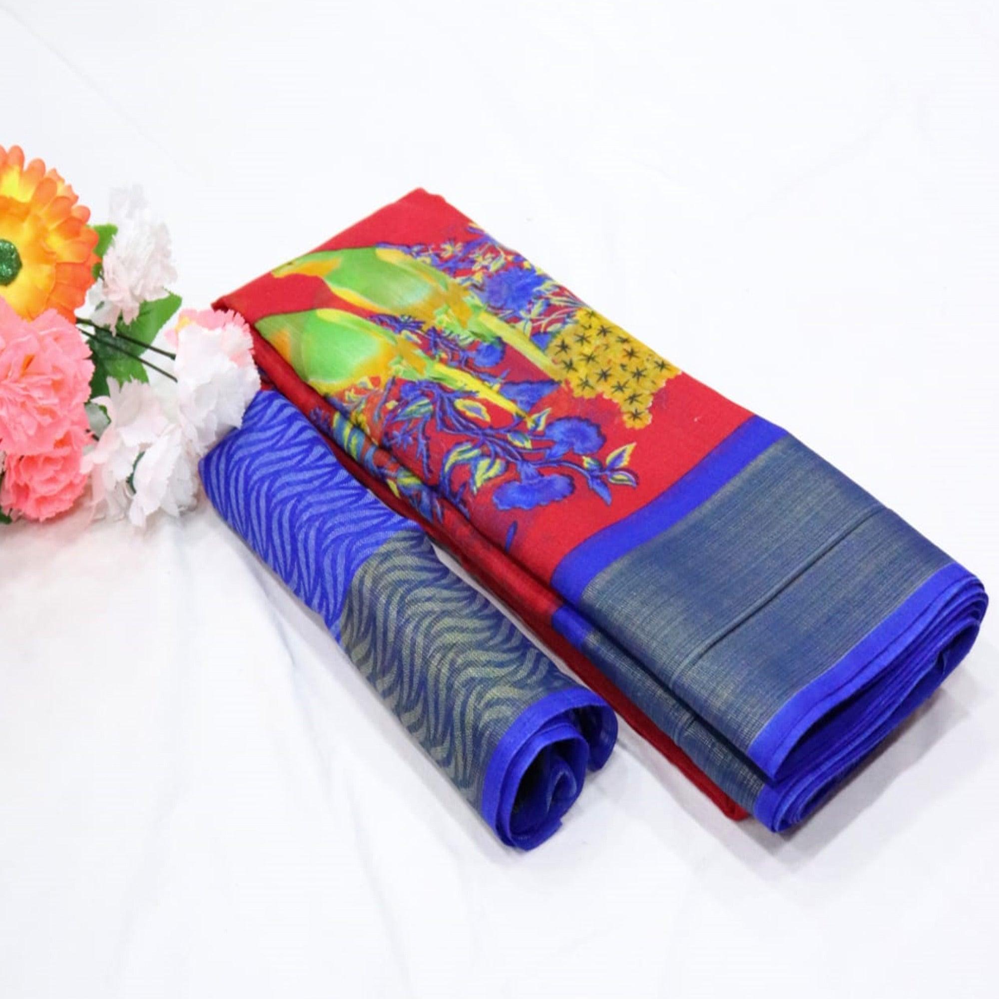 Red Festive Wear Floral Digital Print With Sonakshi Zari Border Cotton Saree - Peachmode