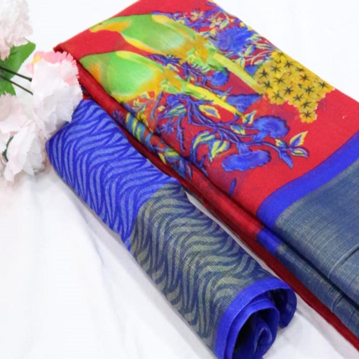 Red Festive Wear Floral Digital Print With Sonakshi Zari Border Cotton Saree - Peachmode