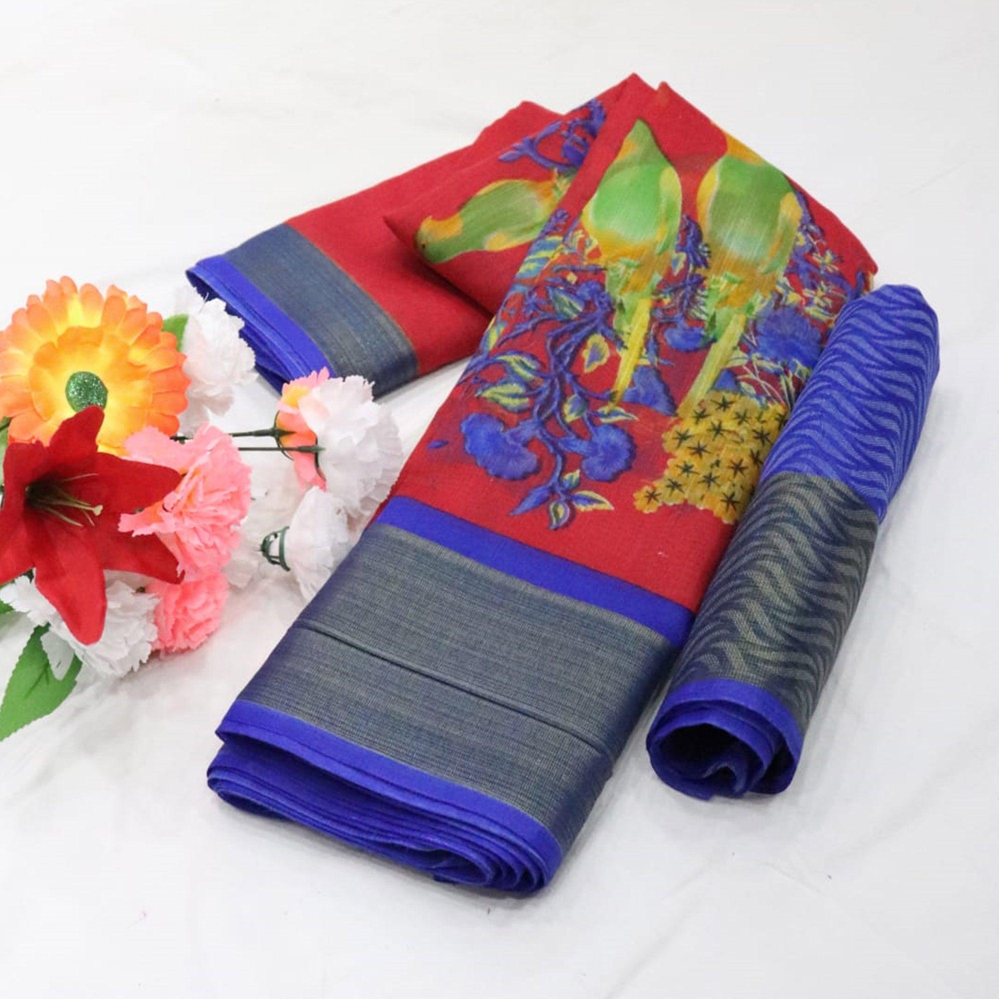 Red Festive Wear Floral Digital Print With Sonakshi Zari Border Cotton Saree - Peachmode