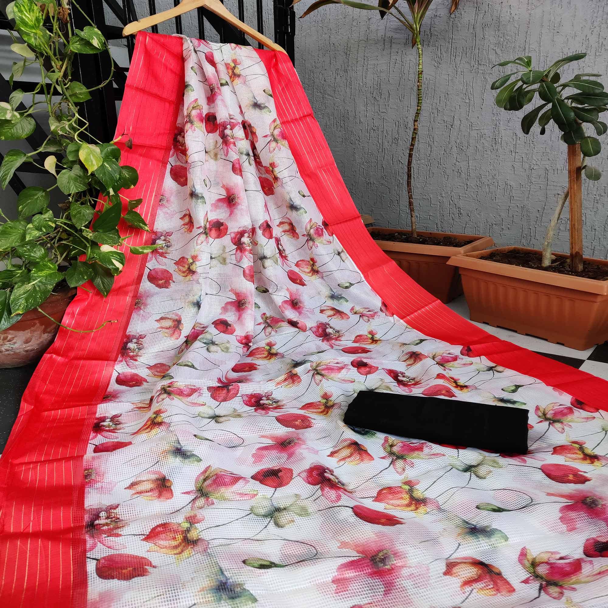 Red Festive Wear Floral Digital Print With Woven Border Silk Saree - Peachmode