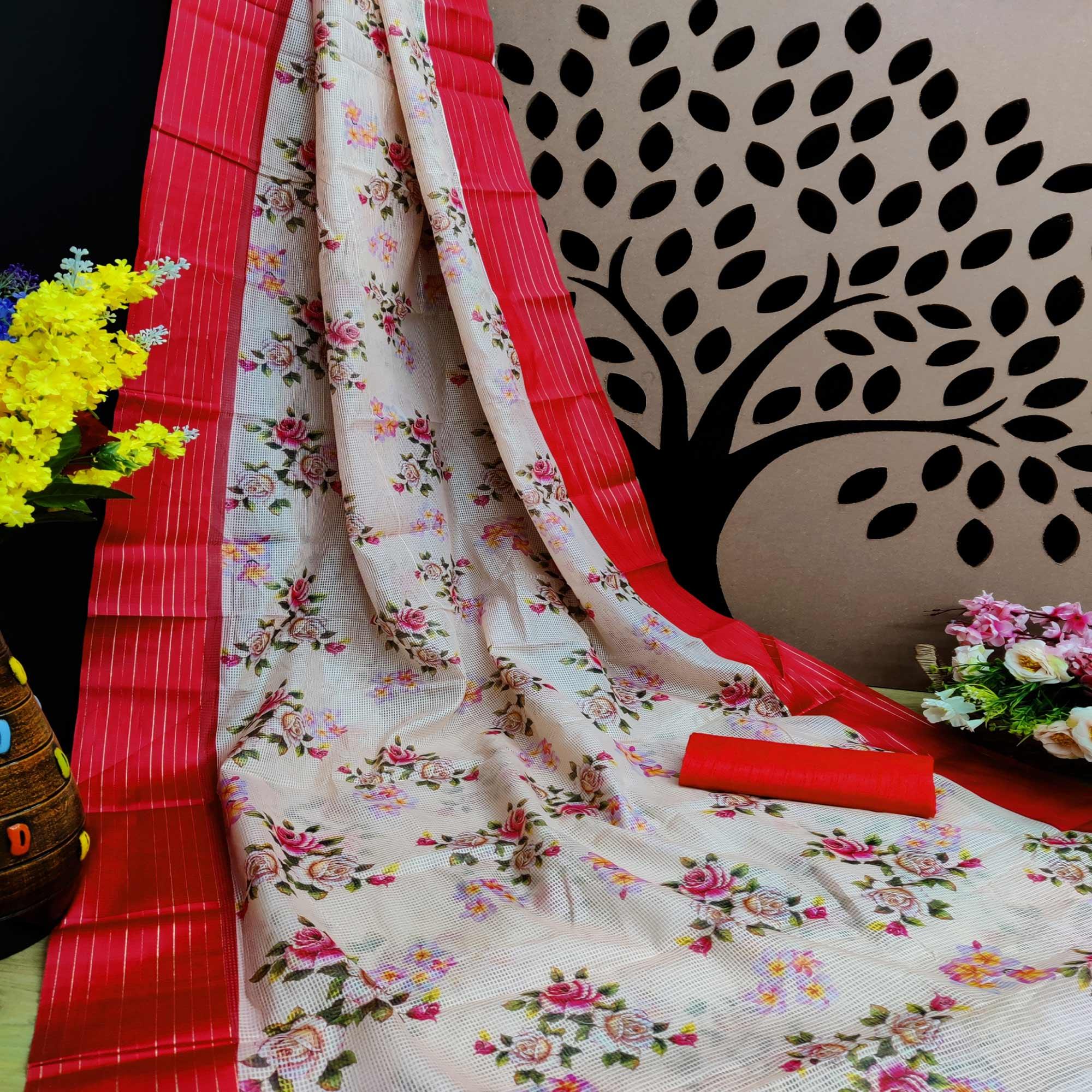 Red Festive Wear Floral Digital Print With Woven Border Silk Saree - Peachmode