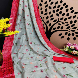Red Festive Wear Floral Digital Print With Woven Border Silk Saree - Peachmode