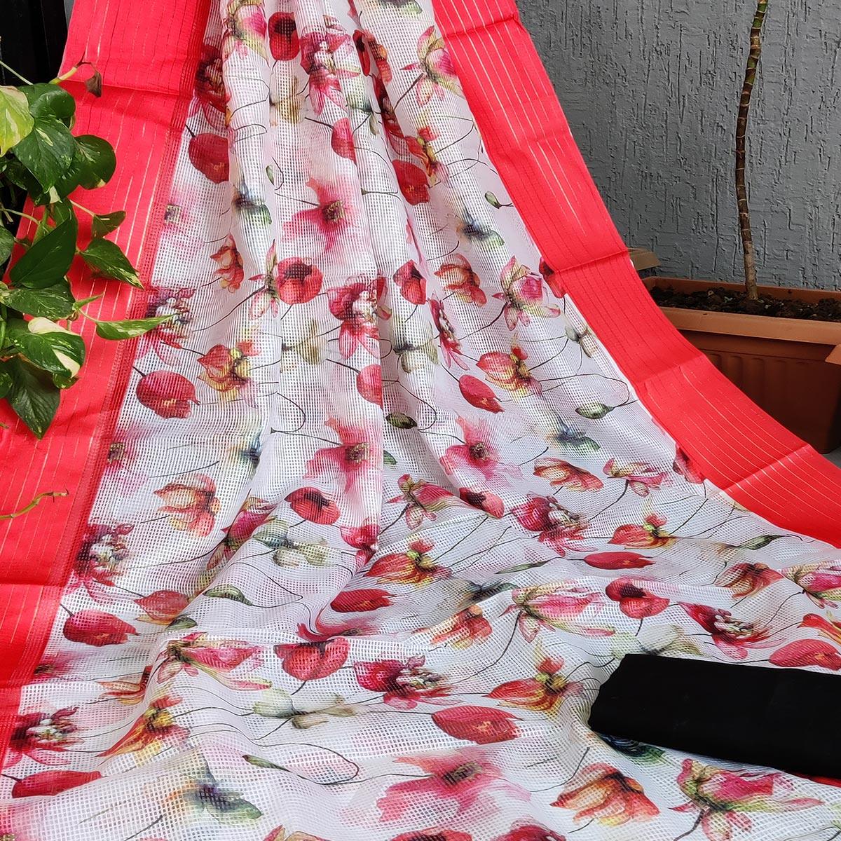 Red Festive Wear Floral Digital Print With Woven Border Silk Saree - Peachmode