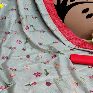 Red Festive Wear Floral Digital Print With Woven Border Silk Saree - Peachmode