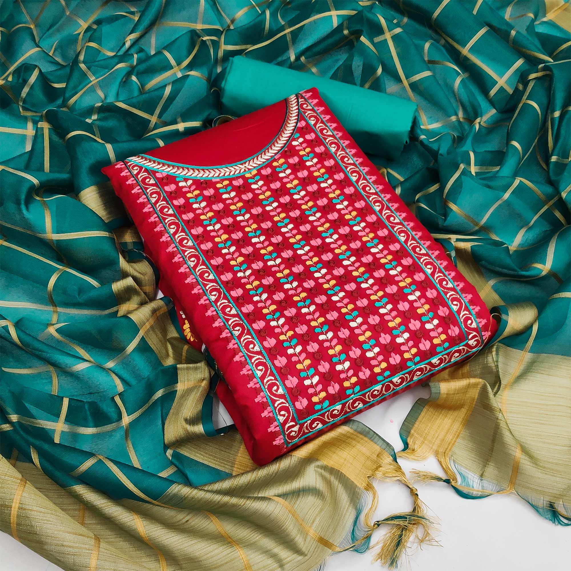 Red Festive Wear Floral Embroidered Cotton Dress Material - Peachmode