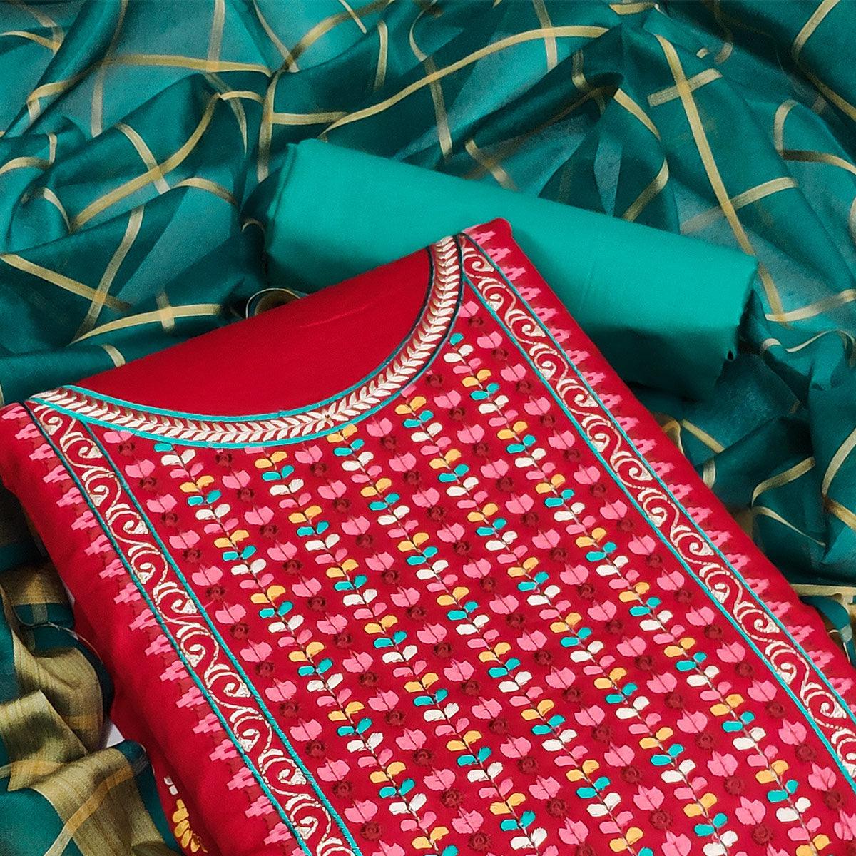 Red Festive Wear Floral Embroidered Cotton Dress Material - Peachmode