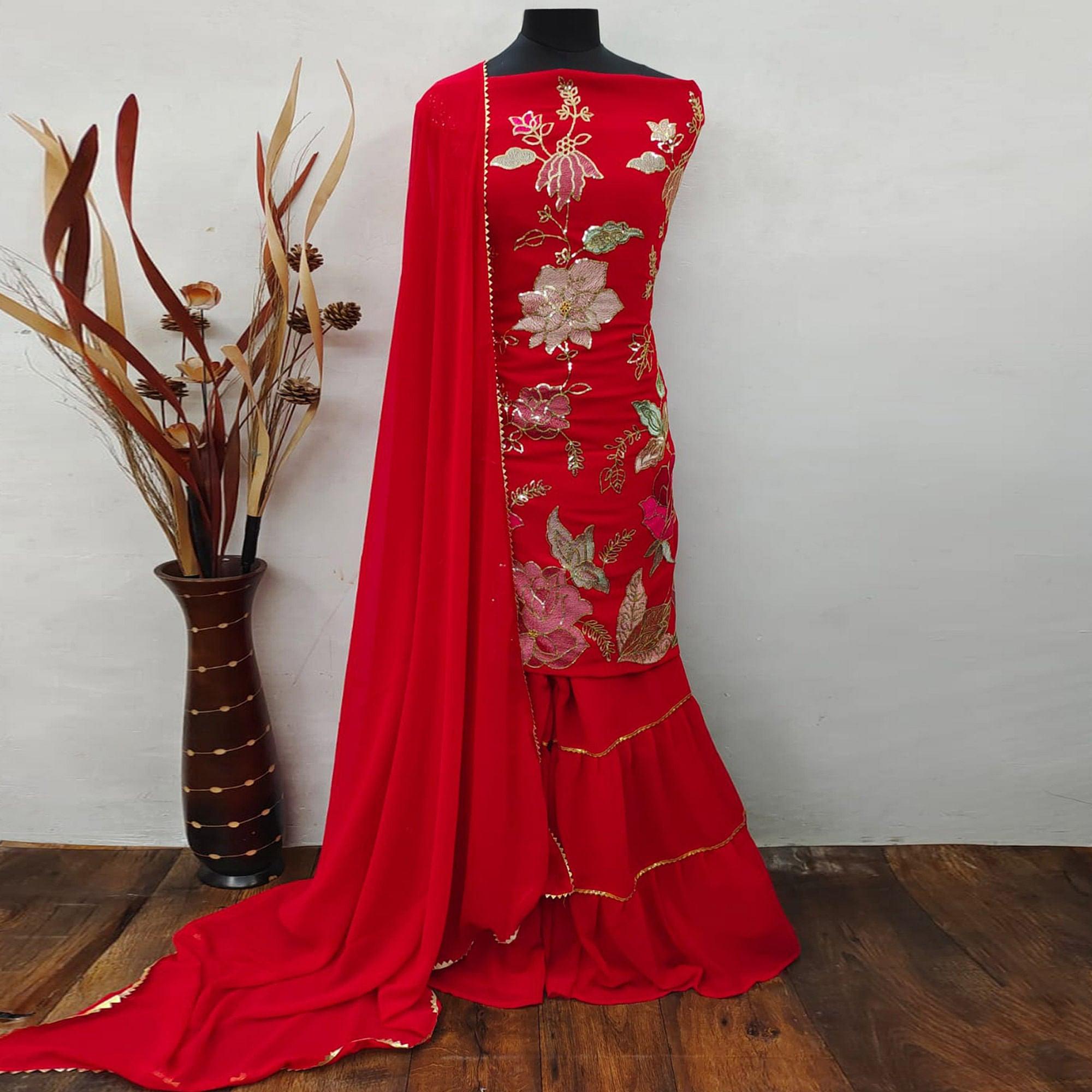 Red Festive Wear Floral Embroidered Georgette Sharara Suit - Peachmode