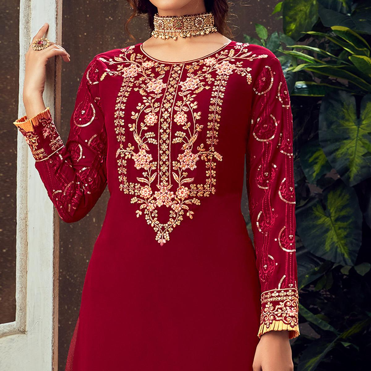 Red Festive Wear Floral Embroidered Pure Georgette Suit - Peachmode