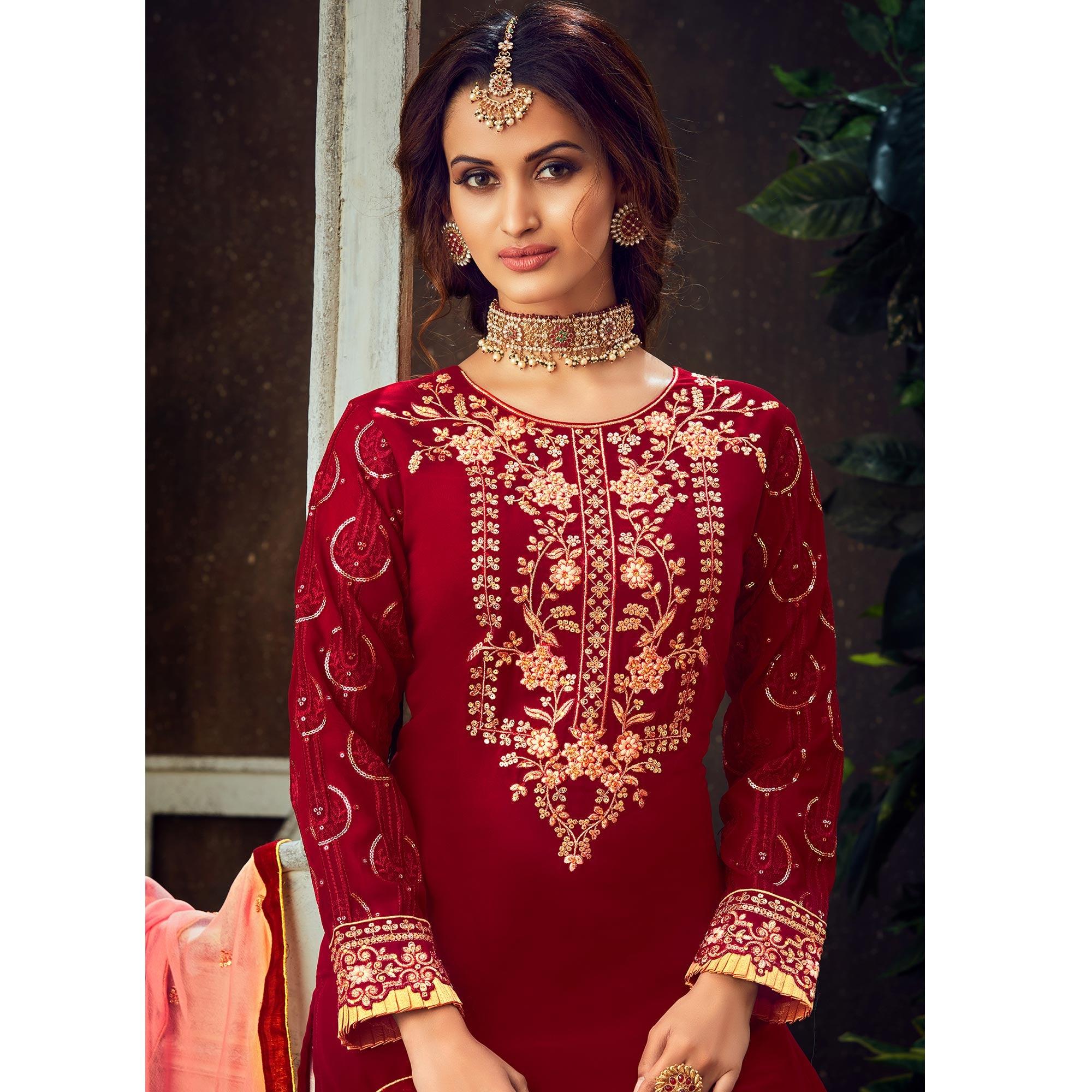 Red Festive Wear Floral Embroidered Pure Georgette Suit - Peachmode