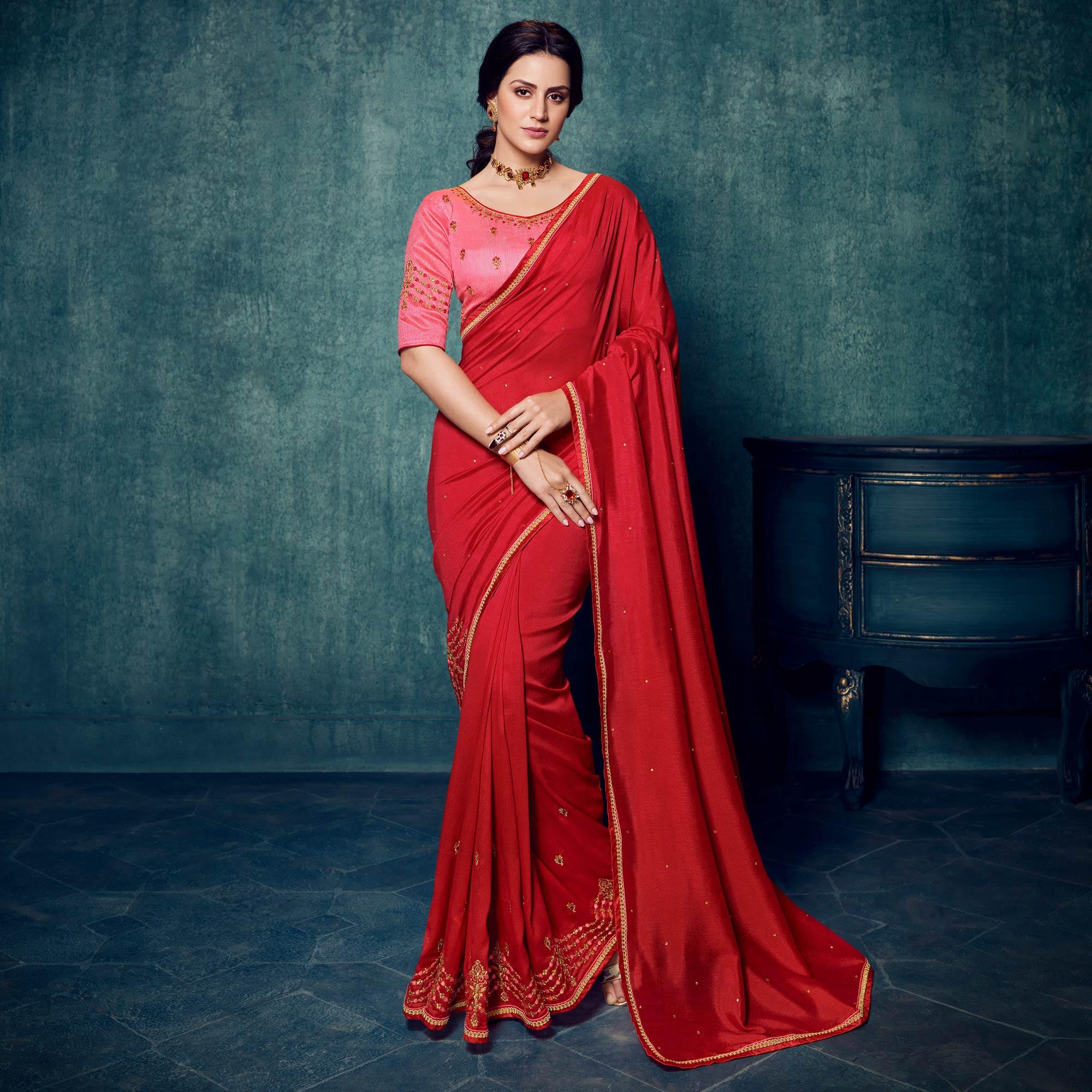 Red Festive Wear Floral Embroidered Silk Saree - Peachmode
