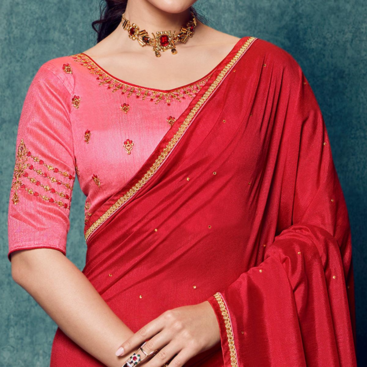 Red Festive Wear Floral Embroidered Silk Saree - Peachmode