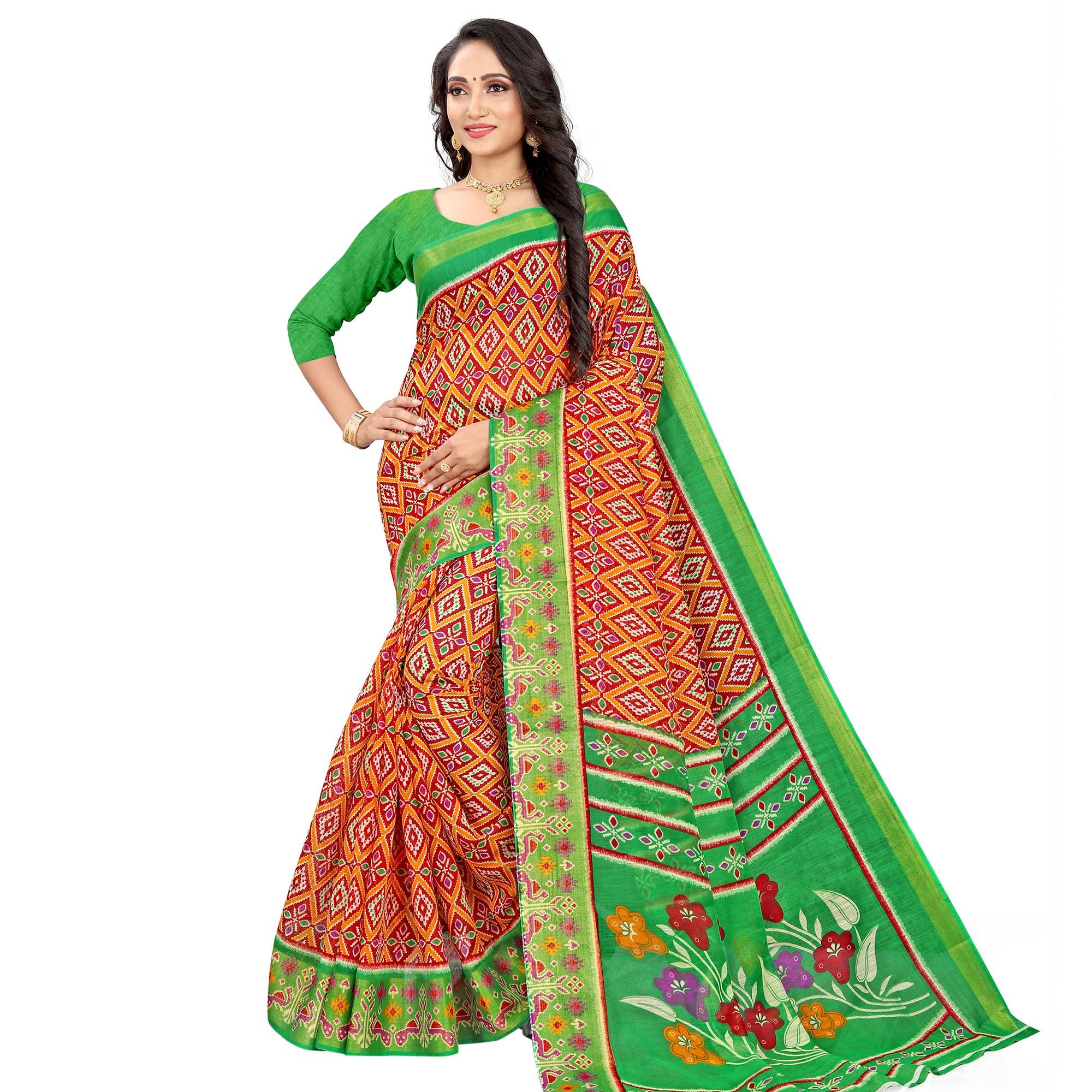 Red Festive Wear Floral Printed Cotton linen Saree - Peachmode