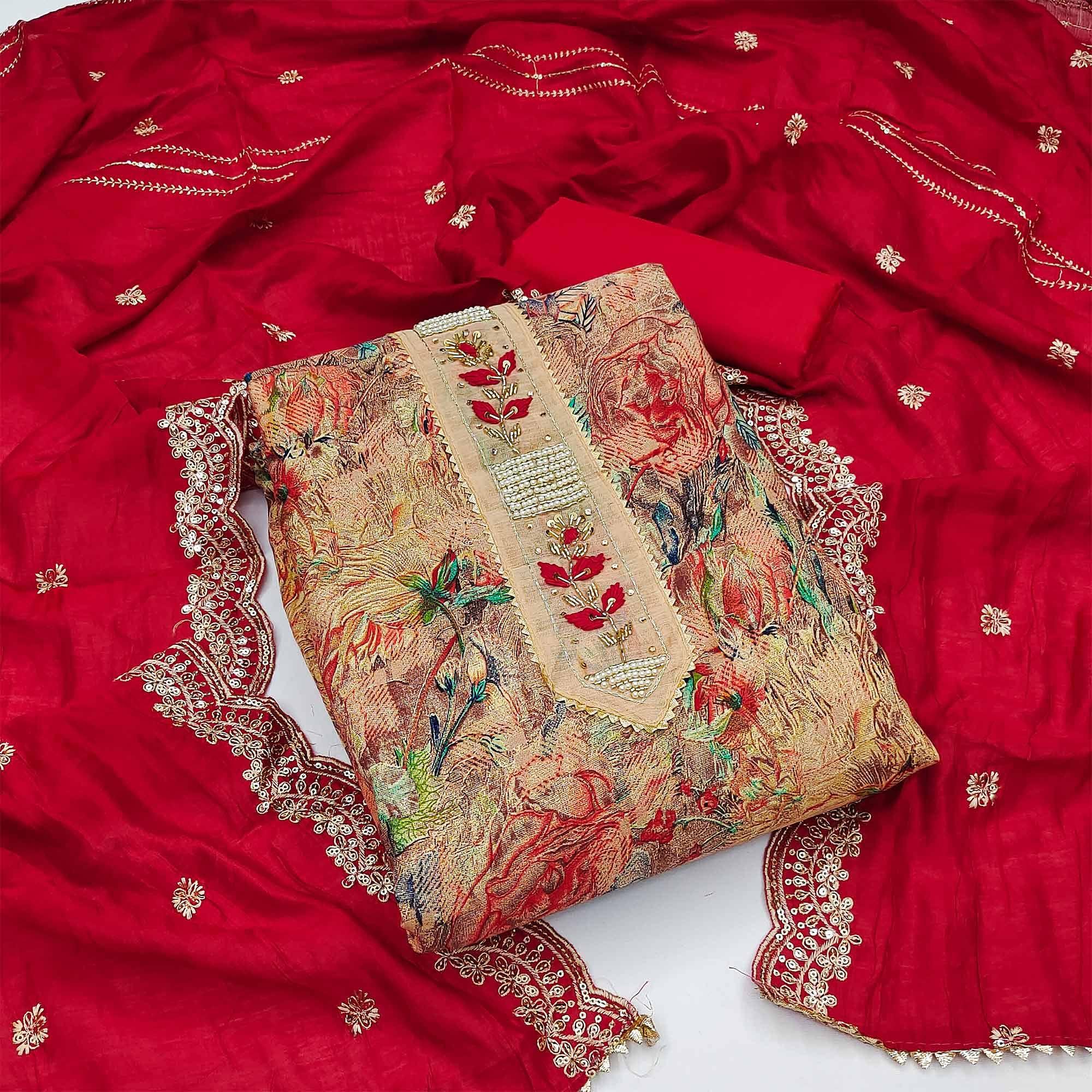 Red Festive Wear Floral Printed With Embellsihed Cotton Dress Material - Peachmode