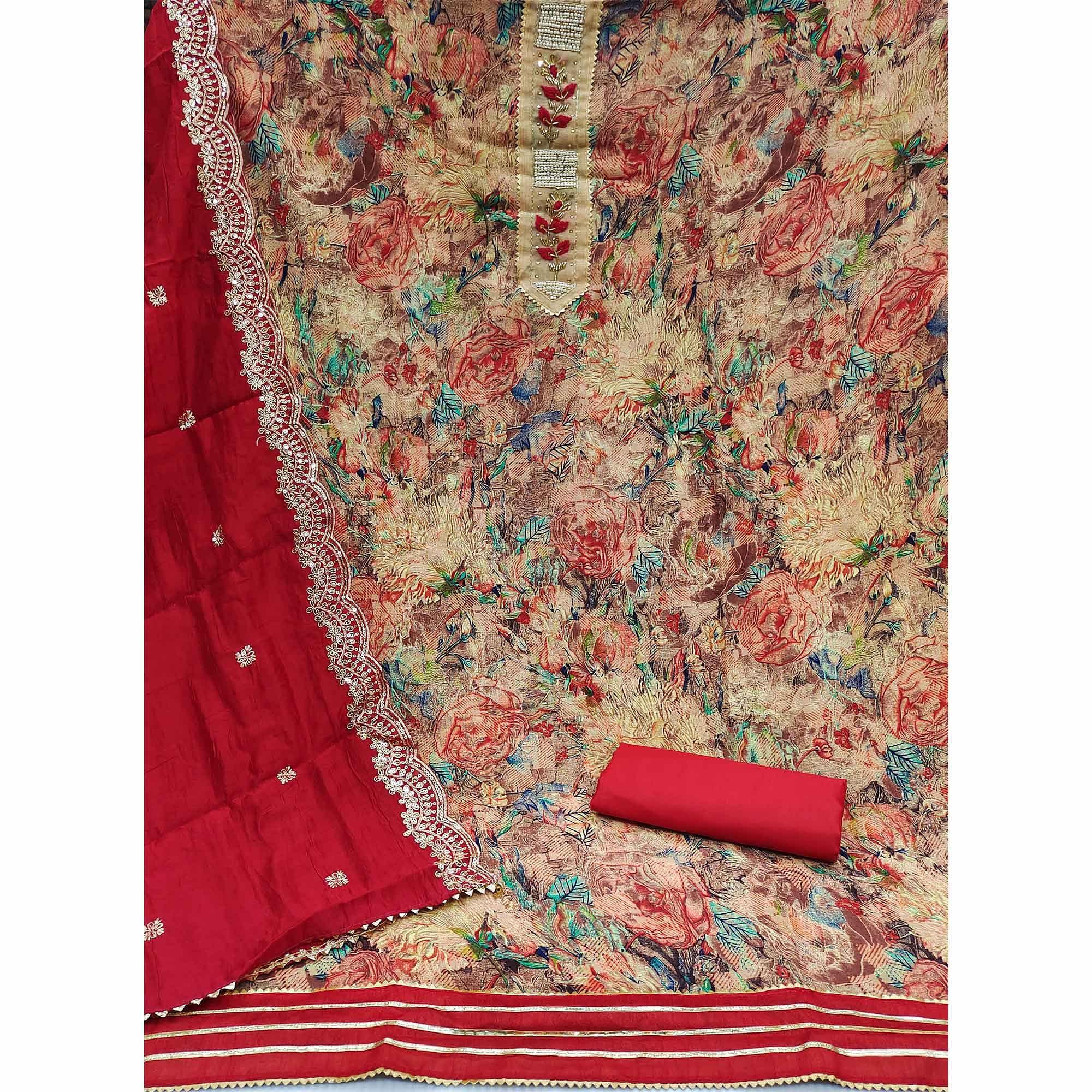 Red Festive Wear Floral Printed With Embellsihed Cotton Dress Material - Peachmode