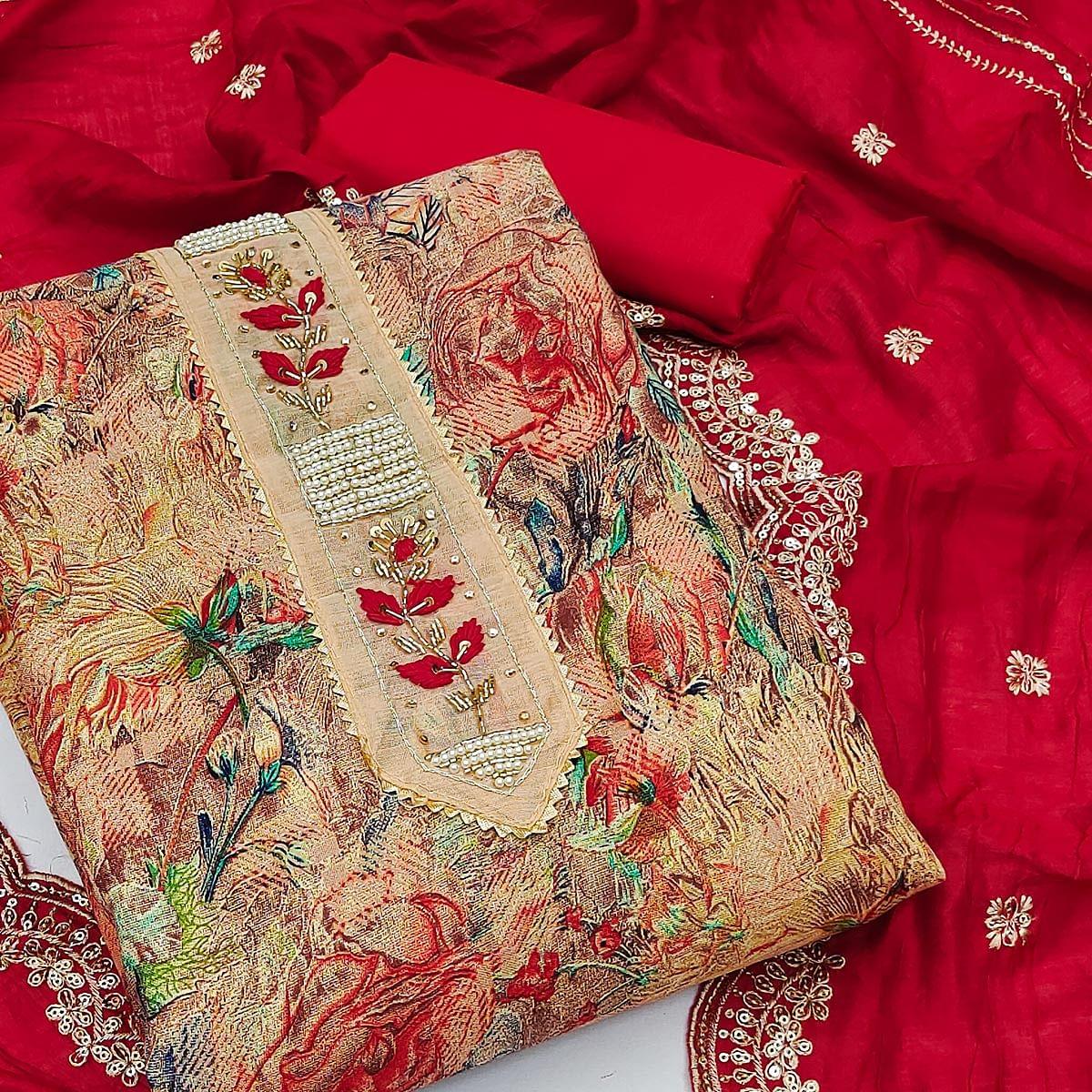 Red Festive Wear Floral Printed With Embellsihed Cotton Dress Material - Peachmode