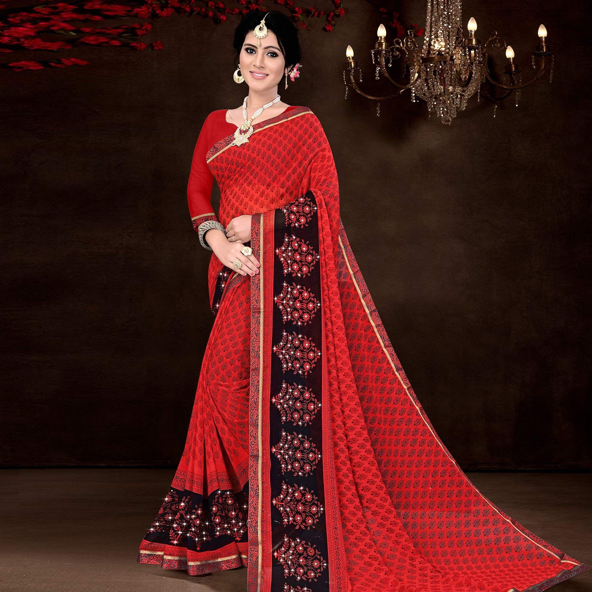 Red Festive Wear Floral Printed  Work Georgette Designer Saree - Peachmode