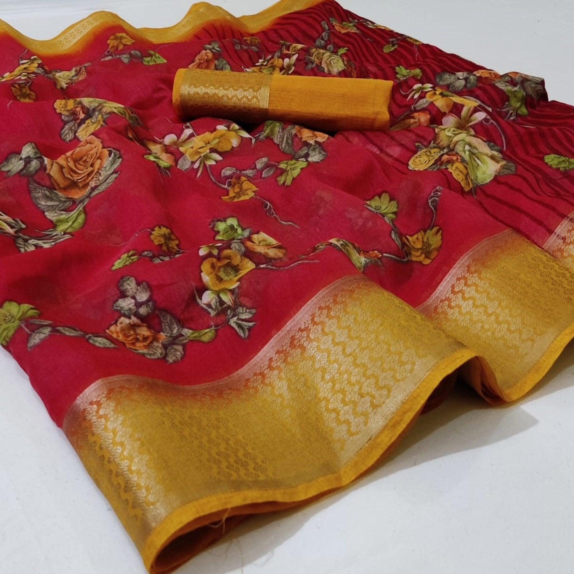 Red Festive Wear Floral Printed Woven Border Cotton Saree - Peachmode