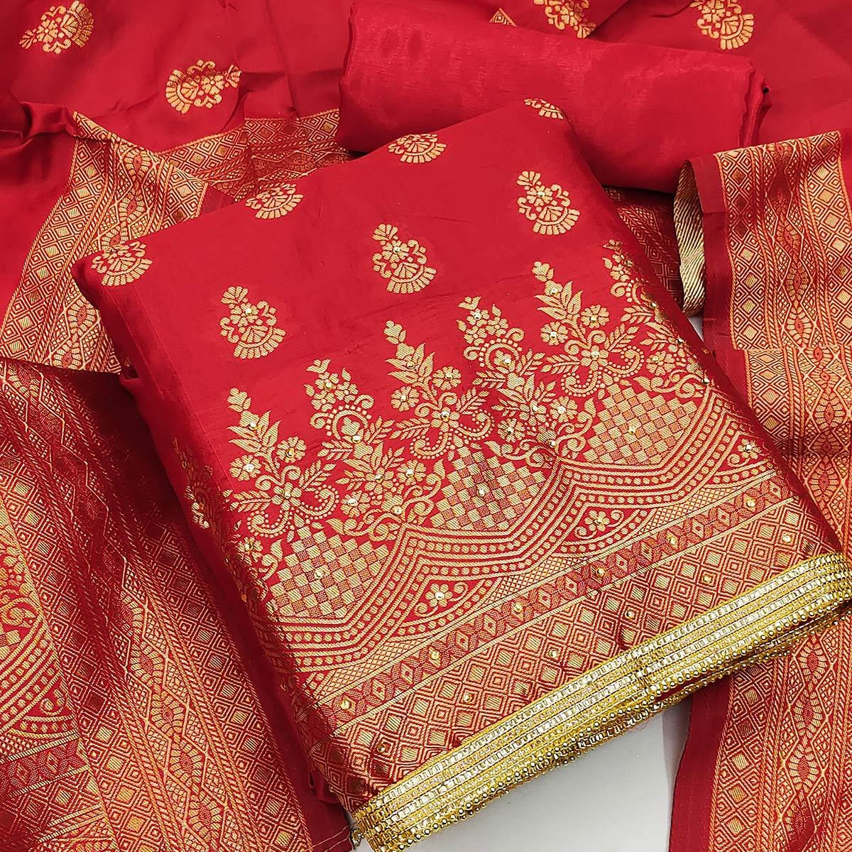 Red Festive Wear Floral Woven Banarasi Silk Jacquard Dress Material - Peachmode