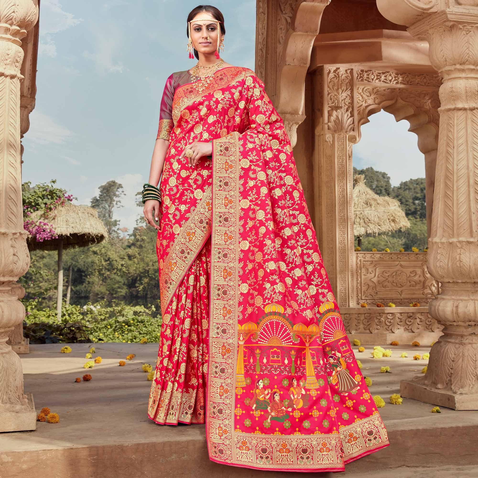 Red Festive Wear Floral Woven Banarasi Silk Saree - Peachmode