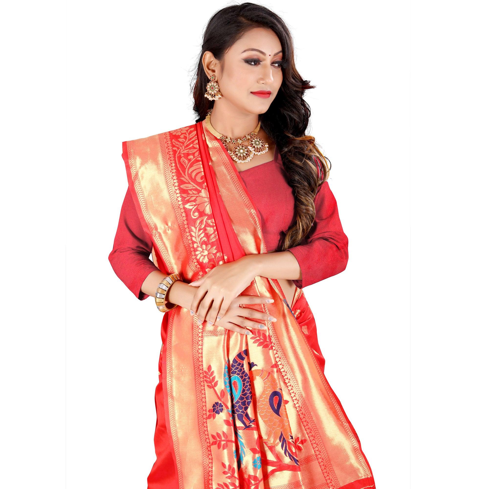 Red Festive Wear Floral Woven Banarasi Silk Saree - Peachmode