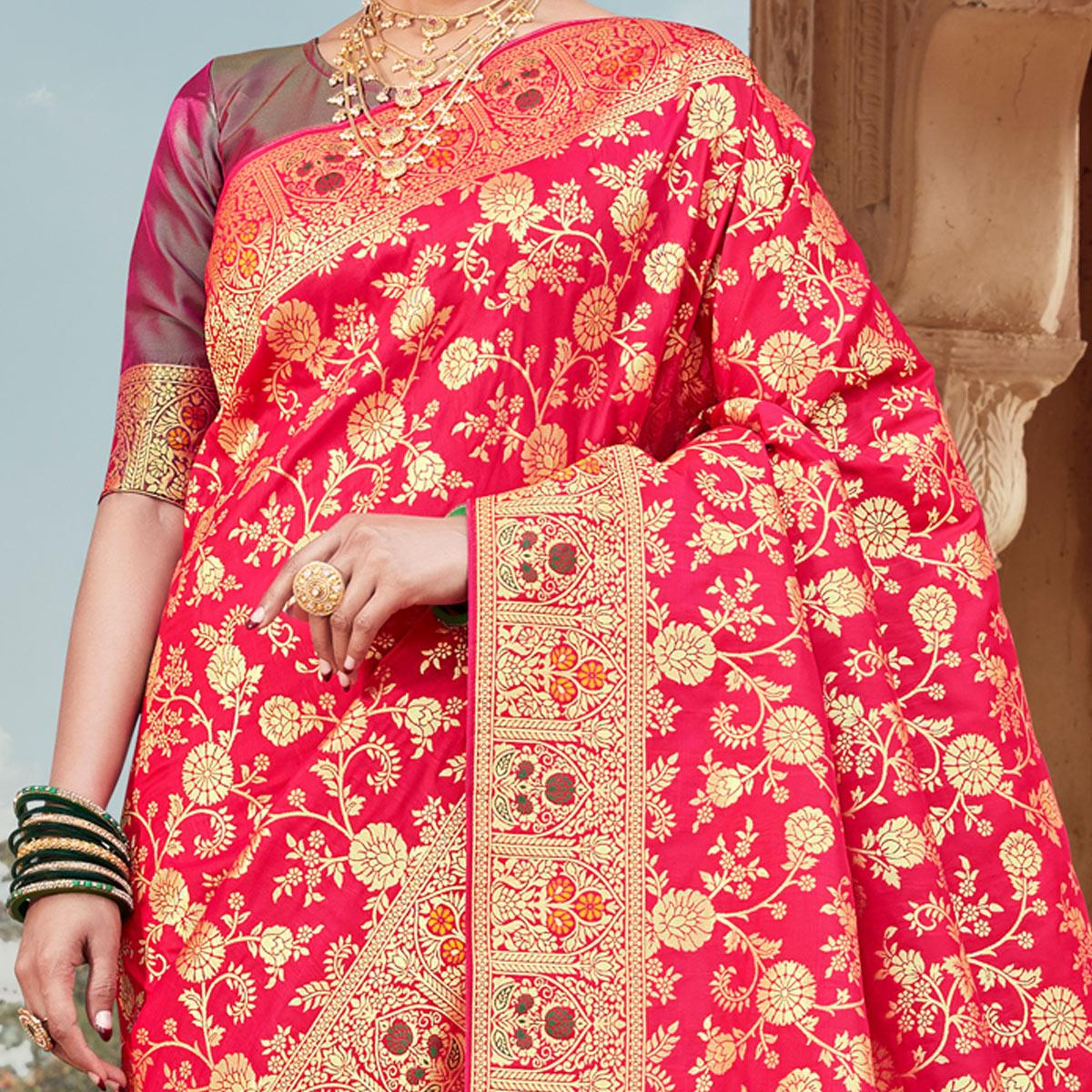 Red Festive Wear Floral Woven Banarasi Silk Saree - Peachmode