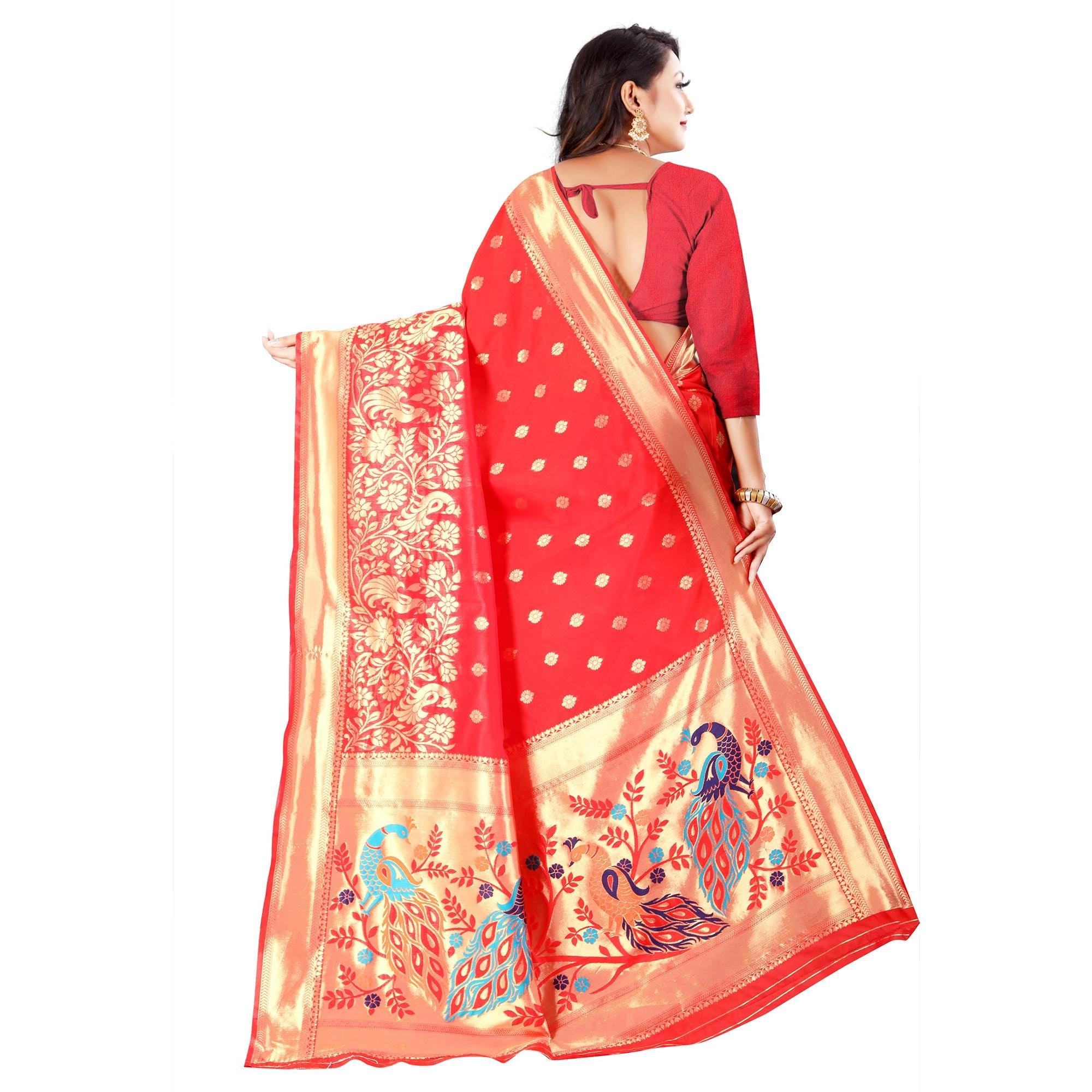 Red Festive Wear Floral Woven Banarasi Silk Saree - Peachmode
