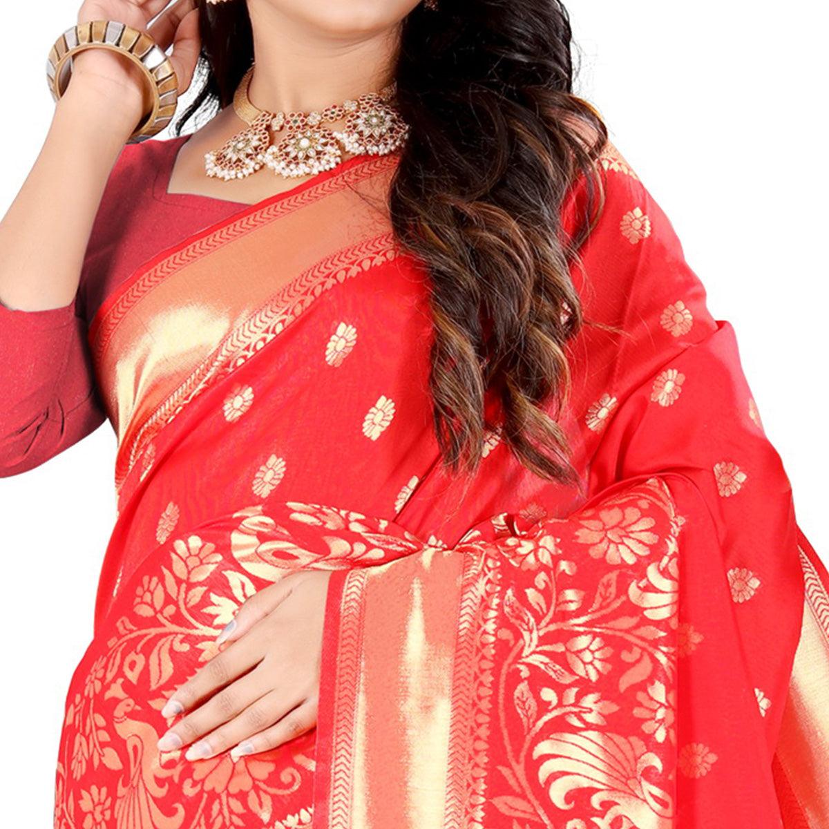 Red Festive Wear Floral Woven Banarasi Silk Saree - Peachmode
