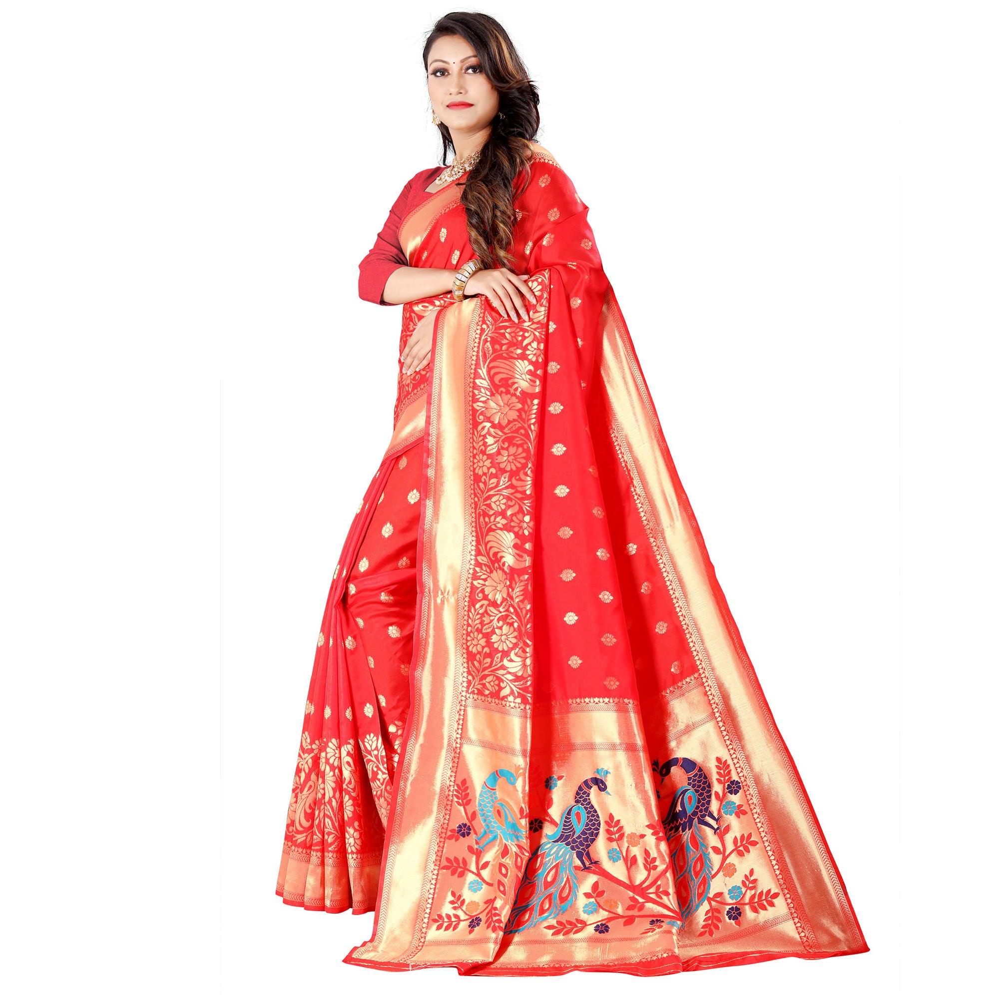 Red Festive Wear Floral Woven Banarasi Silk Saree - Peachmode