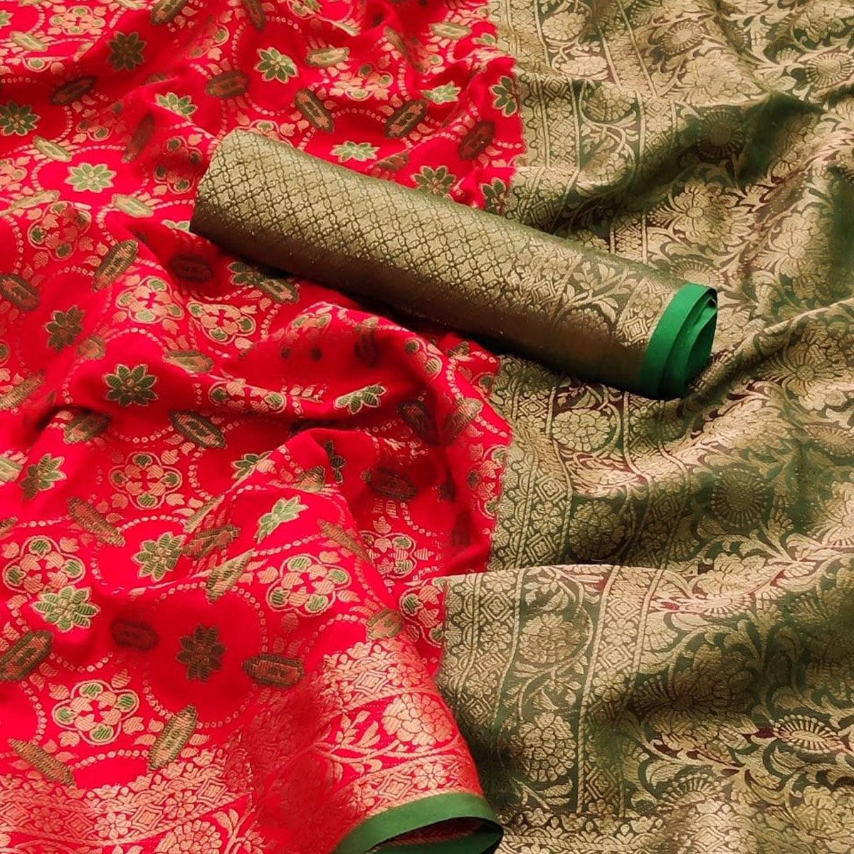 Red Festive Wear Floral Woven Heavy Silk Saree - Peachmode