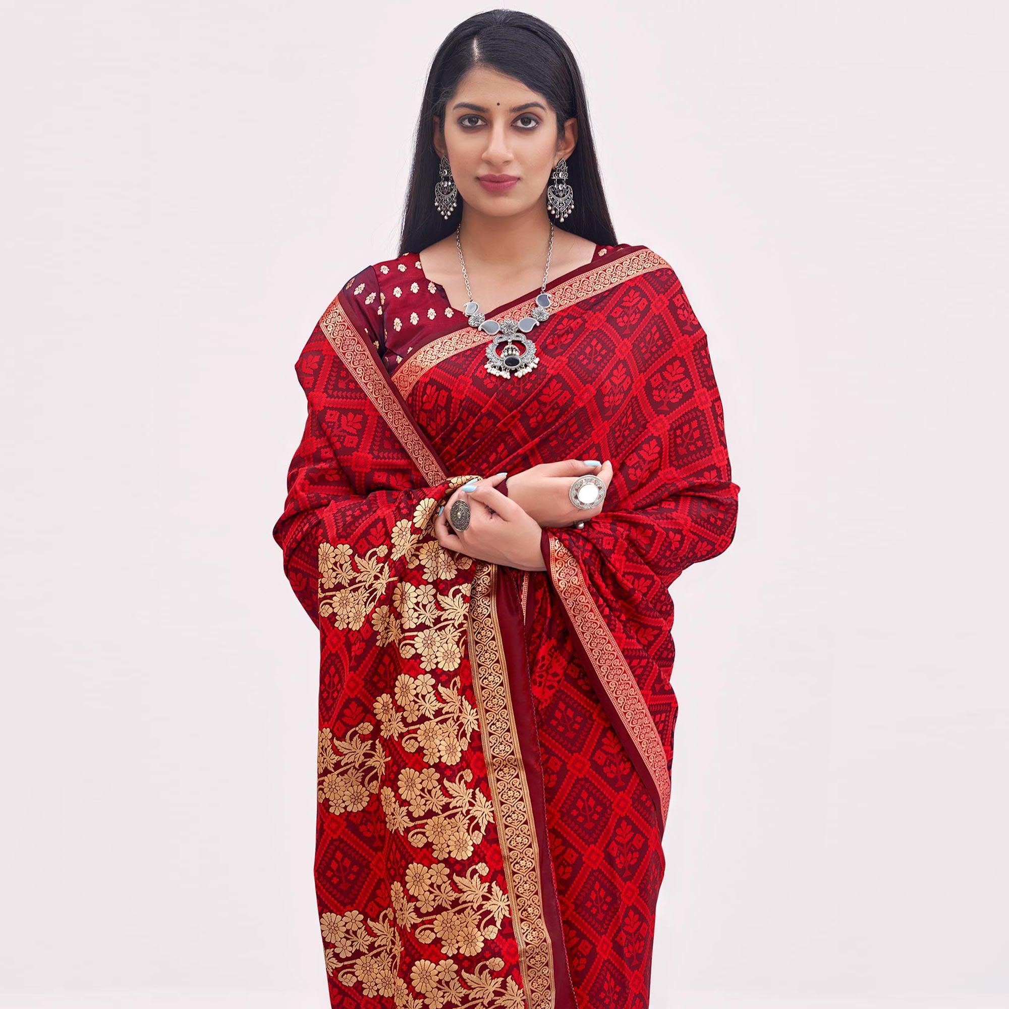 Red Festive Wear Floral Woven Silk Saree - Peachmode