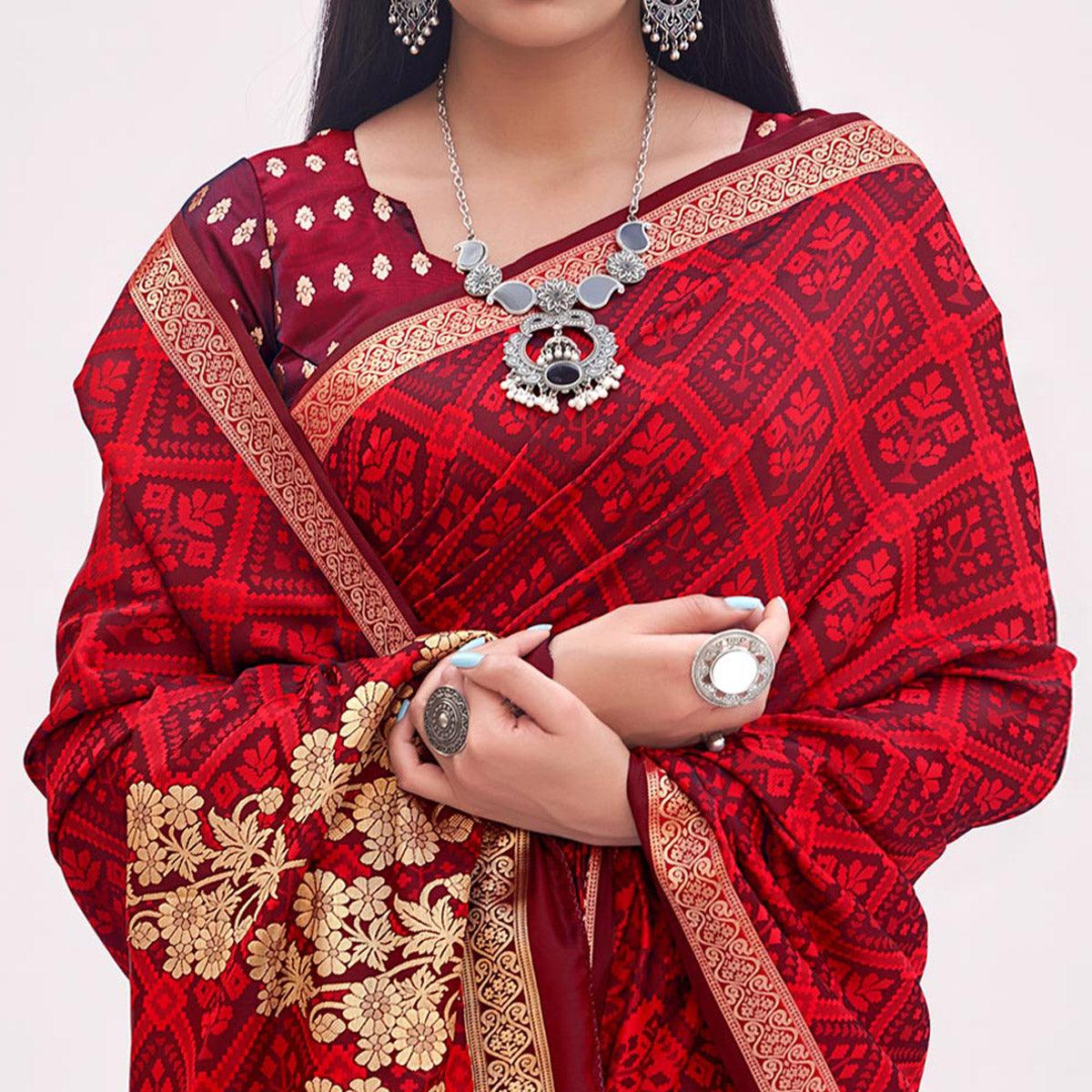 Red Festive Wear Floral Woven Silk Saree - Peachmode
