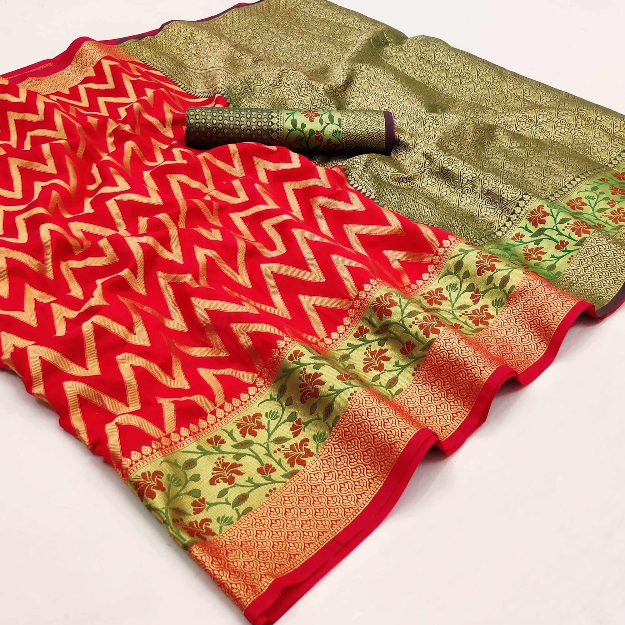 Red Festive Wear Floral Woven Silk Saree - Peachmode