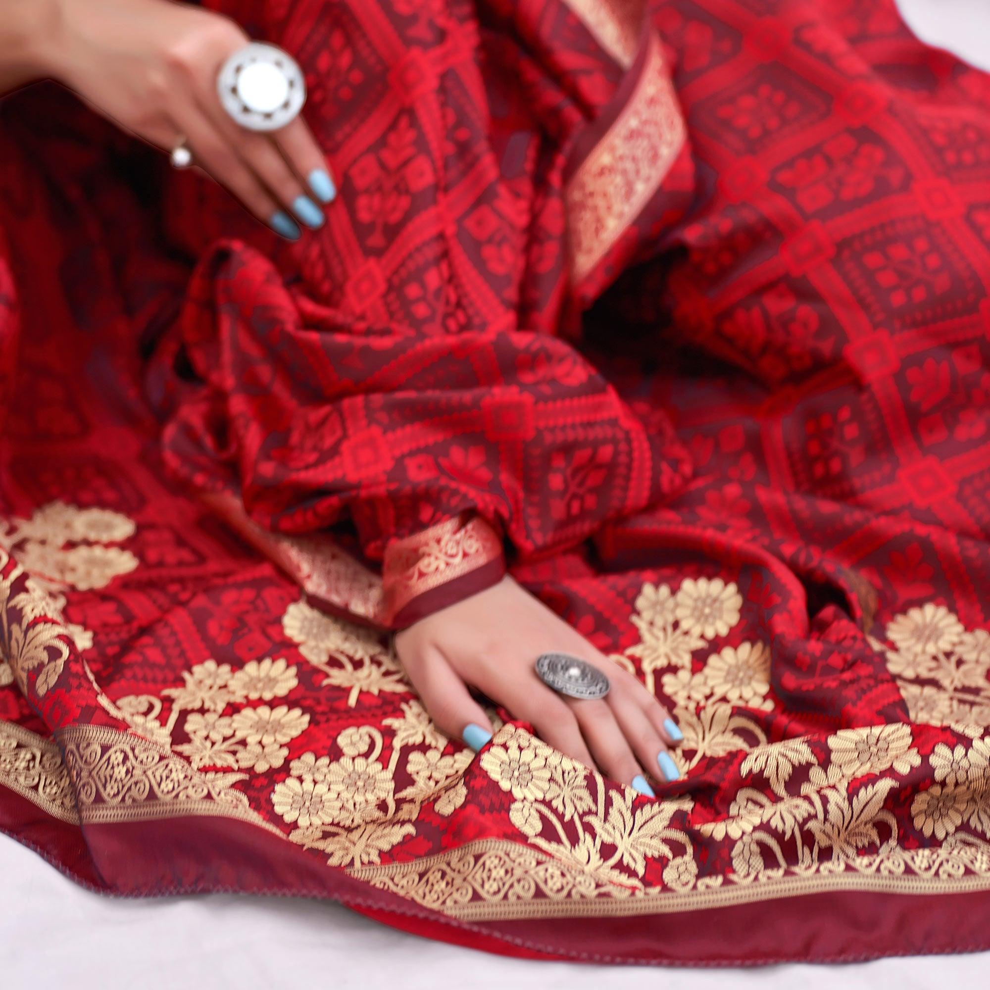 Red Festive Wear Floral Woven Silk Saree - Peachmode