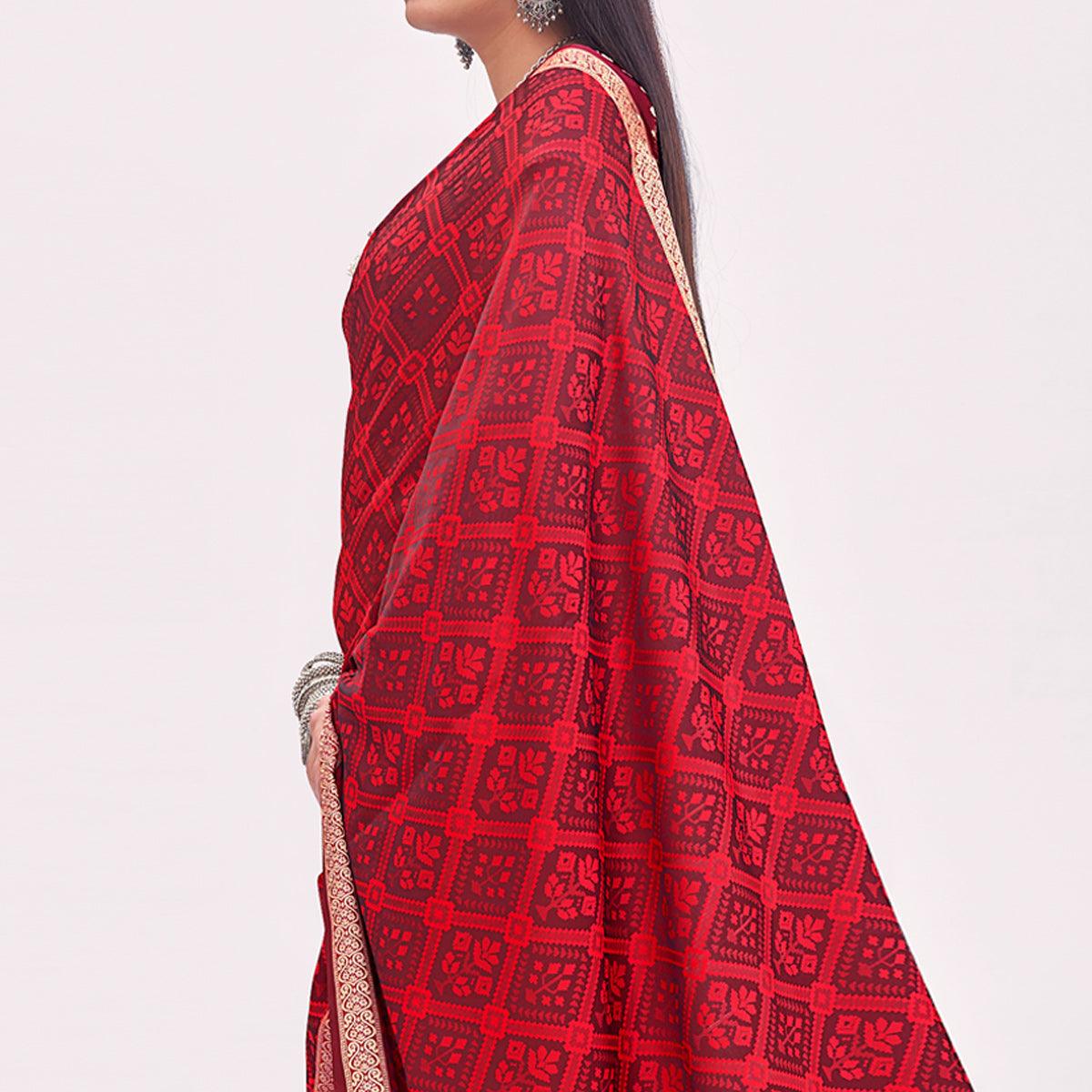 Red Festive Wear Floral Woven Silk Saree - Peachmode