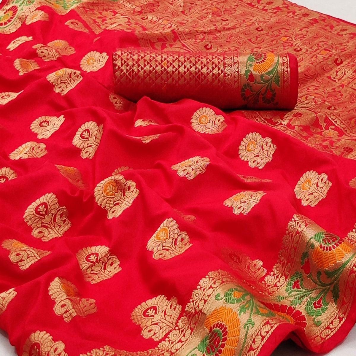 Red Festive Wear Floral Woven Soft Silk Saree - Peachmode