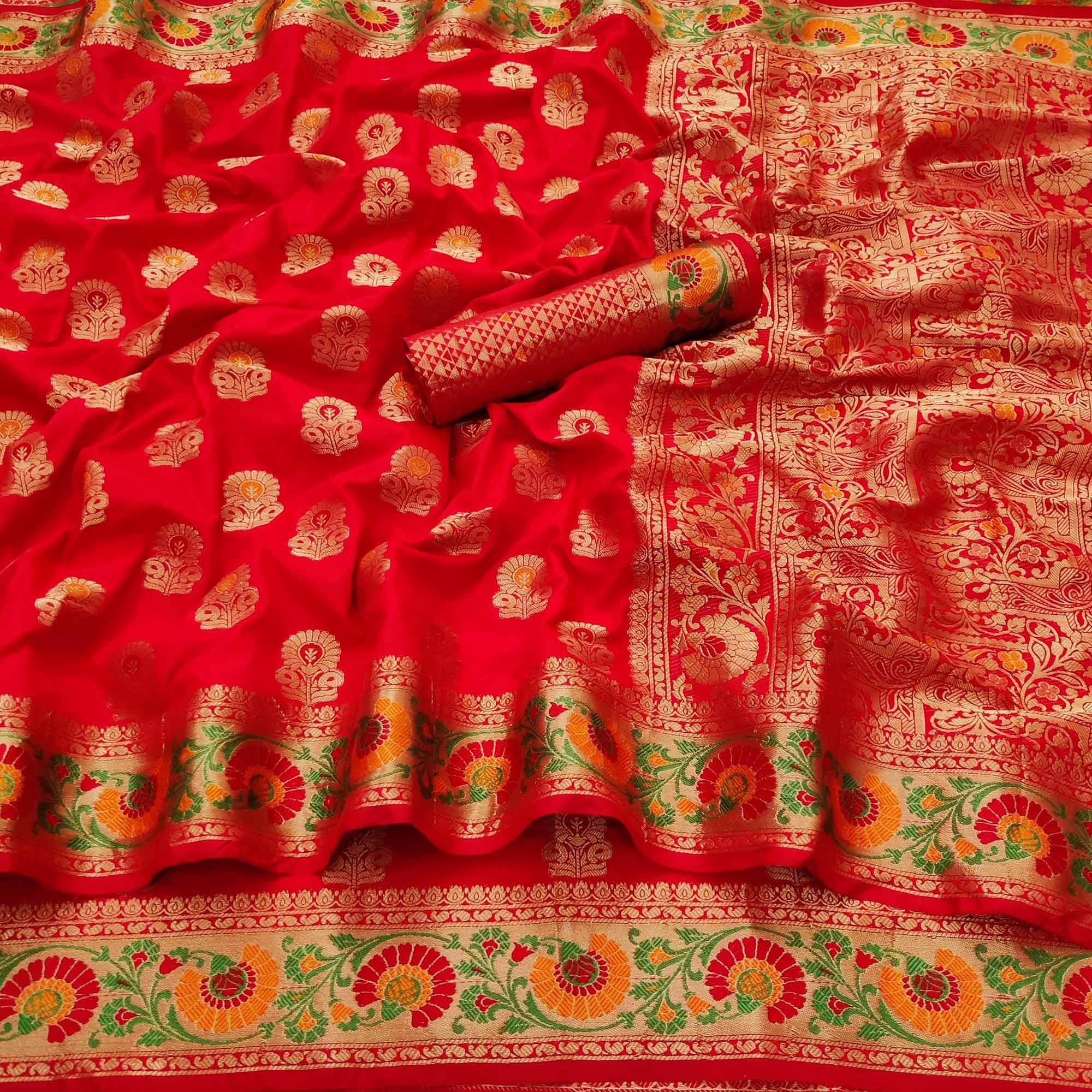 Red Festive Wear Floral Woven Soft Silk Saree - Peachmode