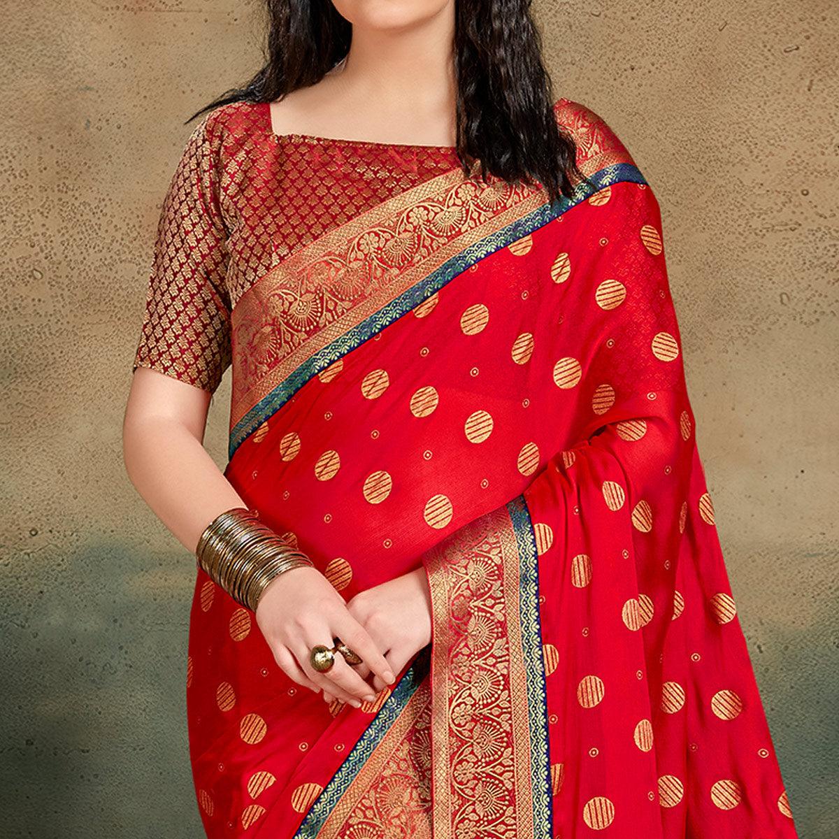 Red Festive Wear Foil Work Chiffon Saree With Banarasi Border - Peachmode