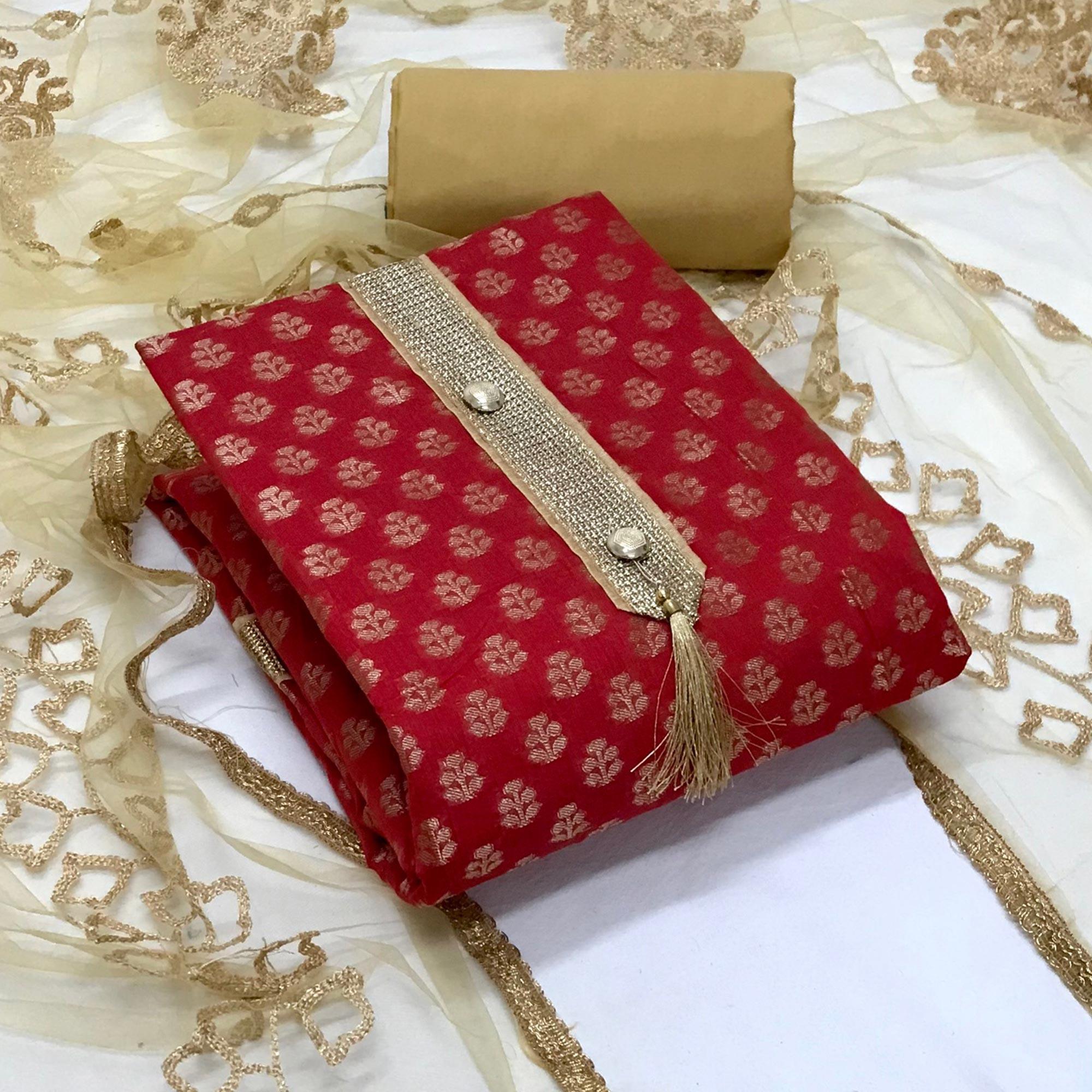 Red Festive Wear Jacquard Banarasi Silk Dress Material - Peachmode