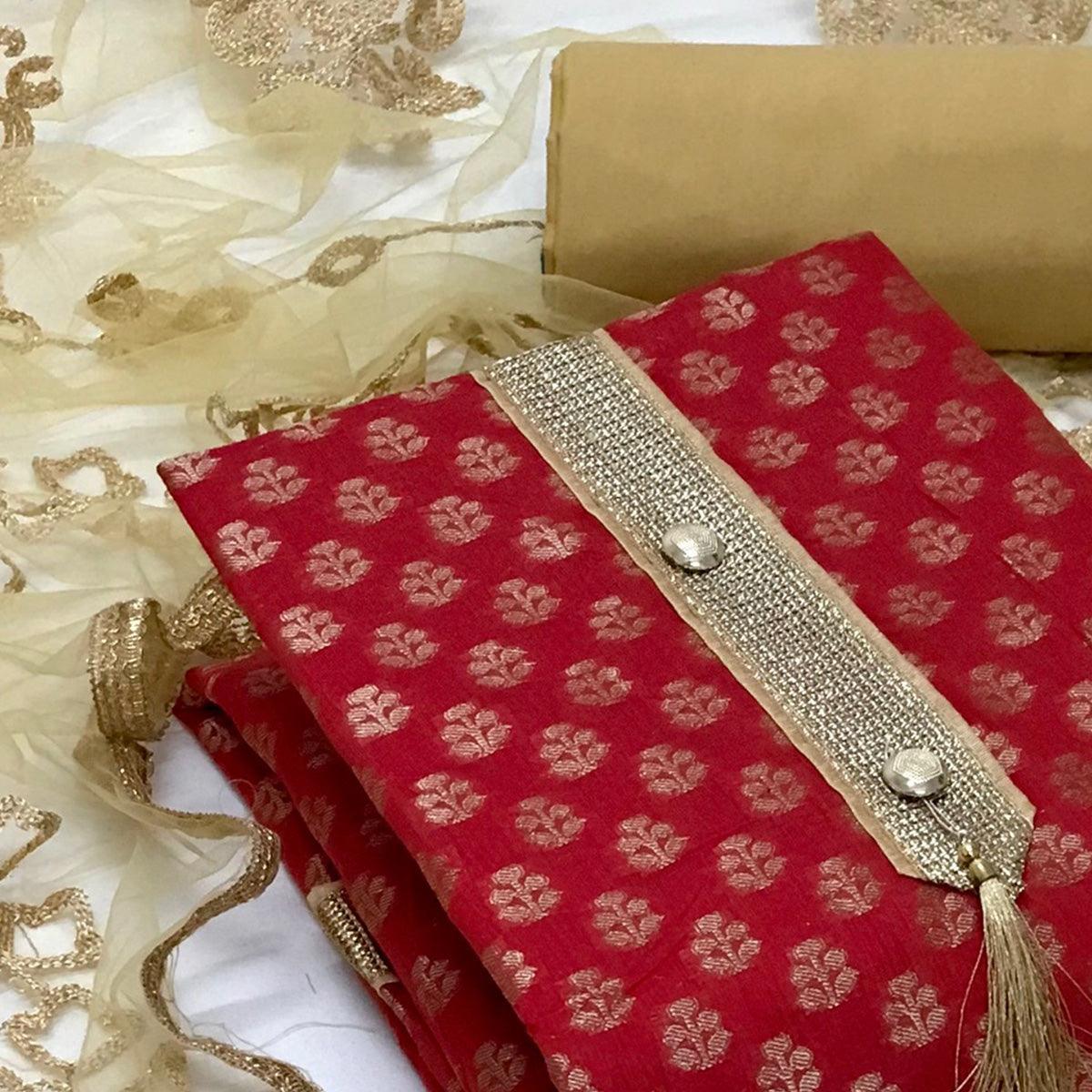 Red Festive Wear Jacquard Banarasi Silk Dress Material - Peachmode