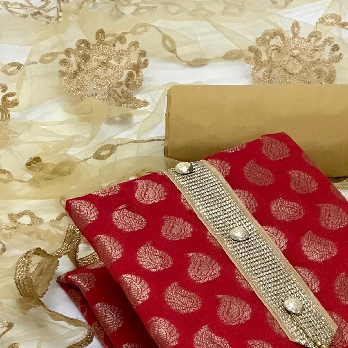 Red Festive Wear Jacquard Banarasi Silk Dress Material - Peachmode