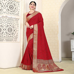 Red Festive Wear Jacquard Border Soft Silk Saree - Peachmode