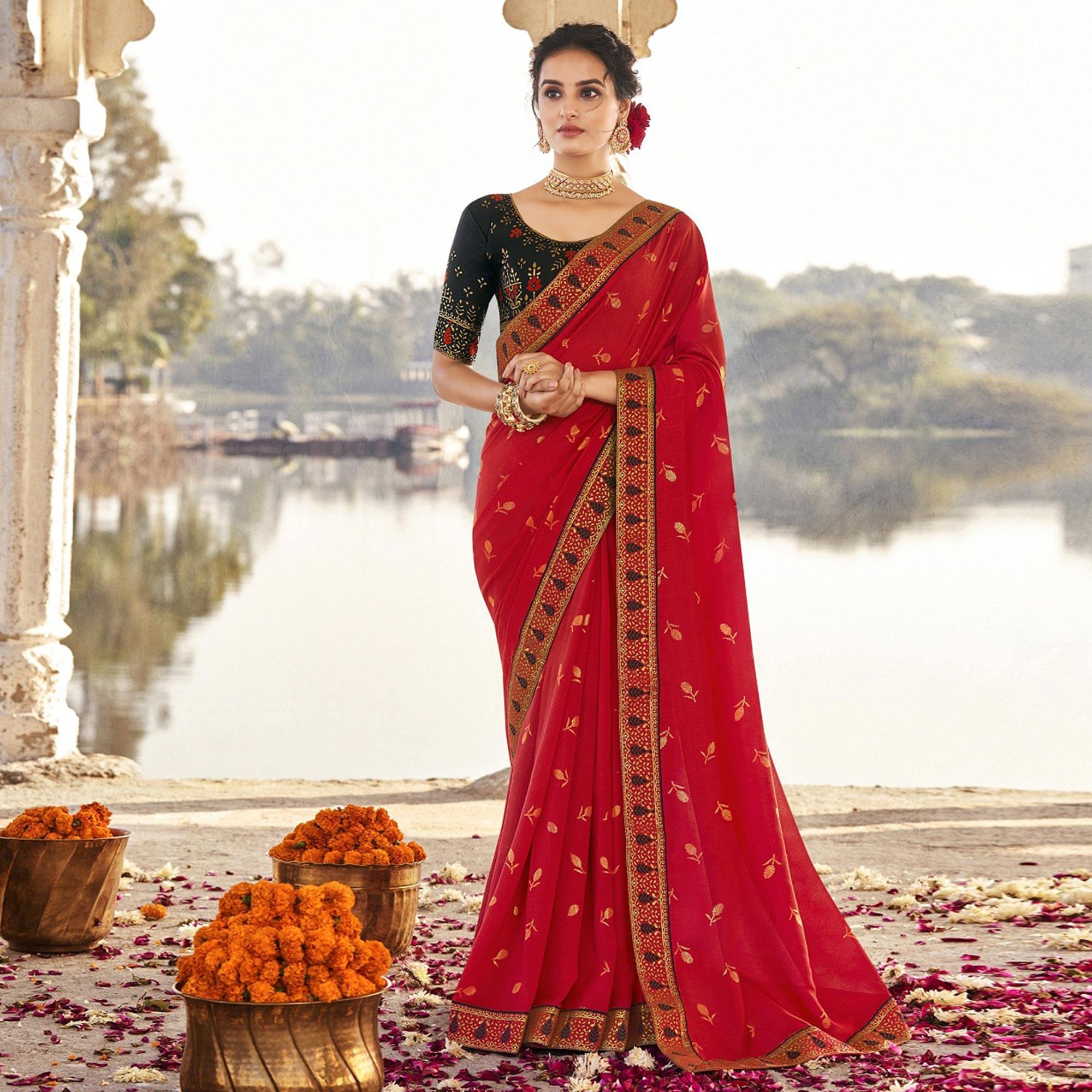 Red Festive Wear Jari Work Silk Saree - Peachmode