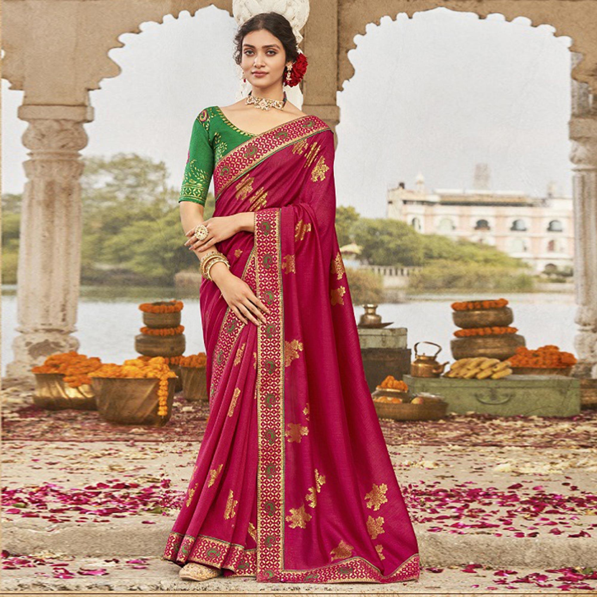 Red Festive Wear Jari Work Silk Saree - Peachmode