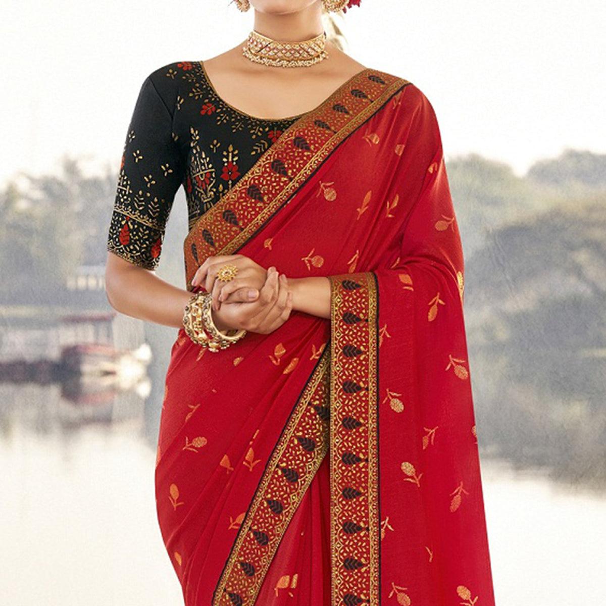 Red Festive Wear Jari Work Silk Saree - Peachmode