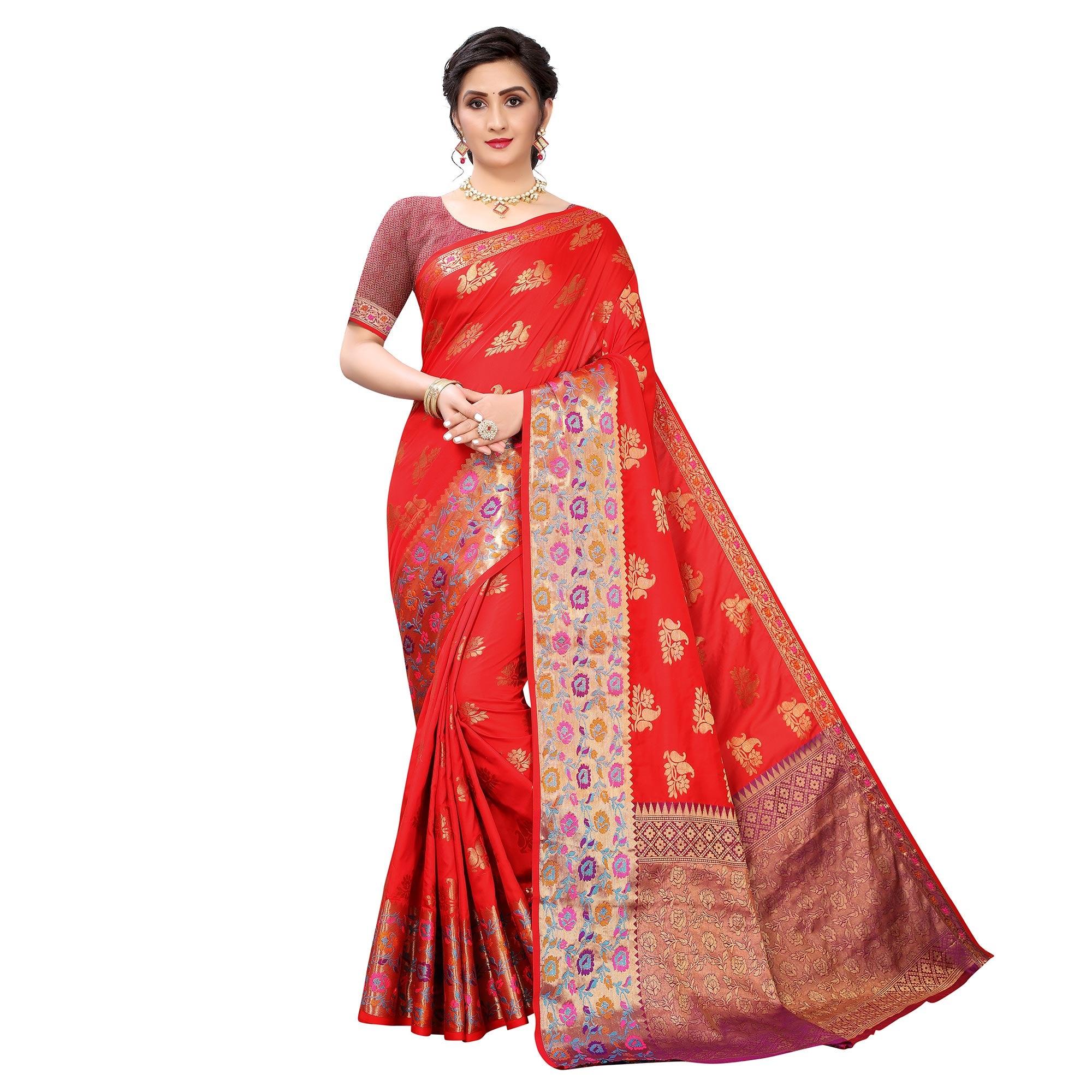 Red Festive Wear Jari Woven Heavy Silk Saree - Peachmode