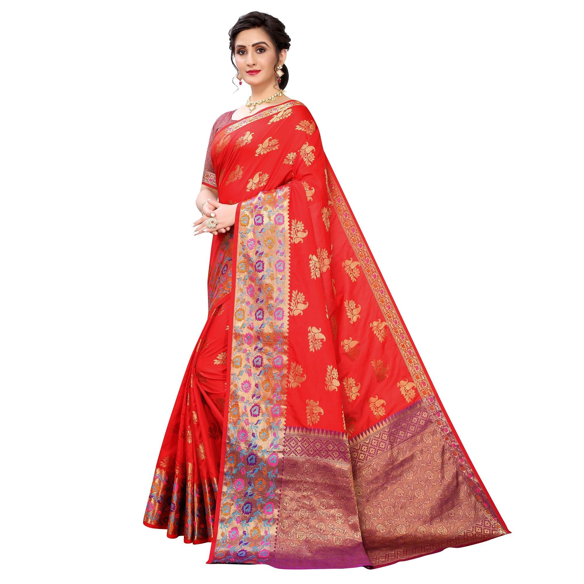 Red Festive Wear Jari Woven Heavy Silk Saree - Peachmode
