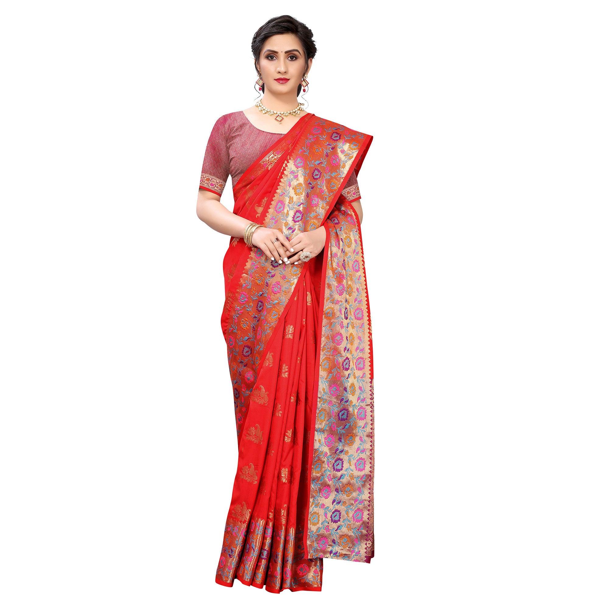 Red Festive Wear Jari Woven Heavy Silk Saree - Peachmode